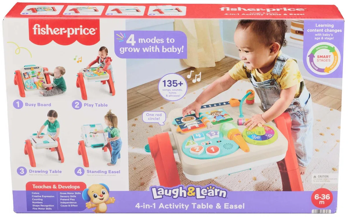 Fisher-Price - Tavolino attività 4 in 1, Pannello interattivo e cavalletto d'Arte, con luci, Suoni e canzoncine, Versione Italiano +ES+in+PT, Giocattolo per Bambini, 6+ Mesi, JGW89
