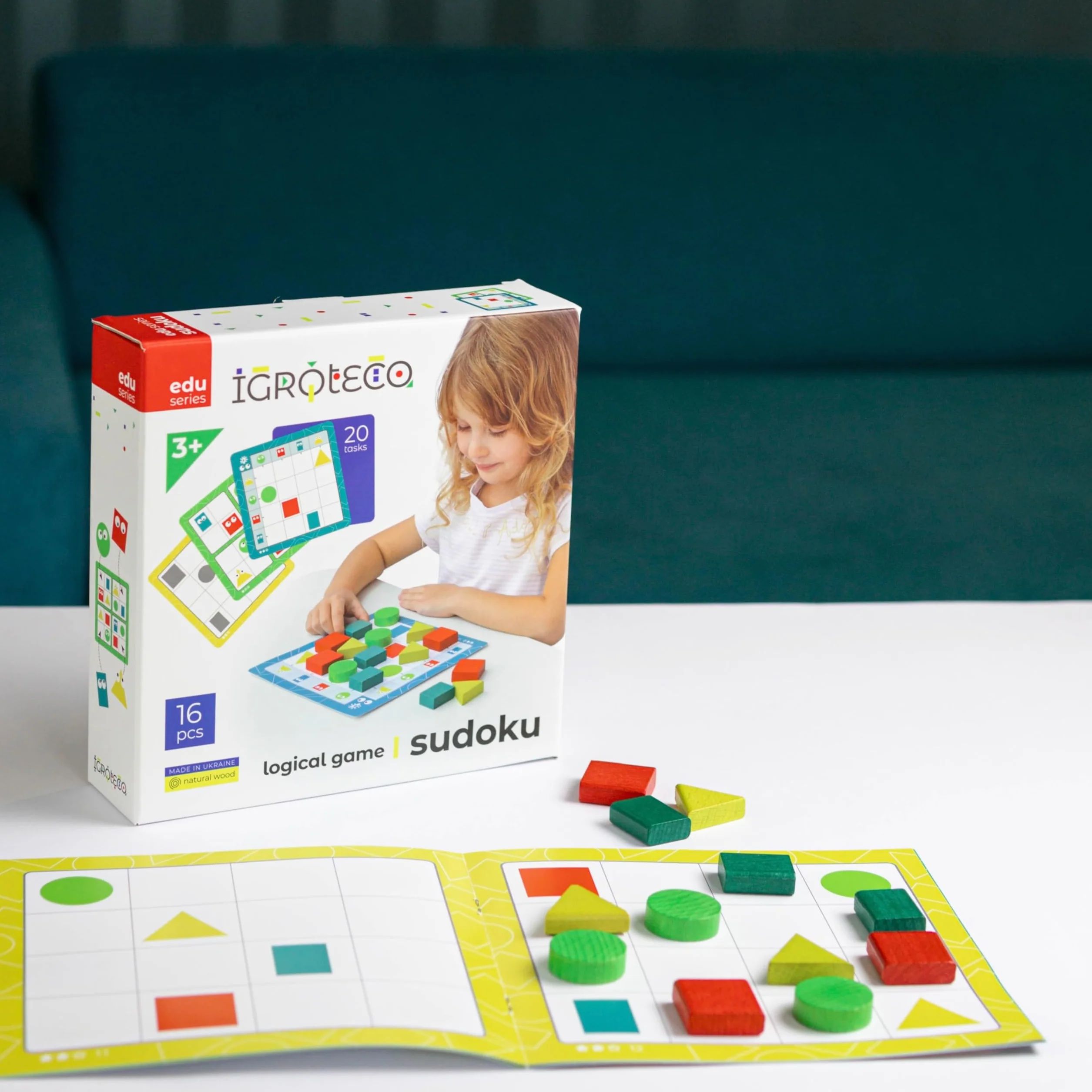 Gioco di logica Sudoku geometrico in legno 16 pezzi 20 compiti educativo