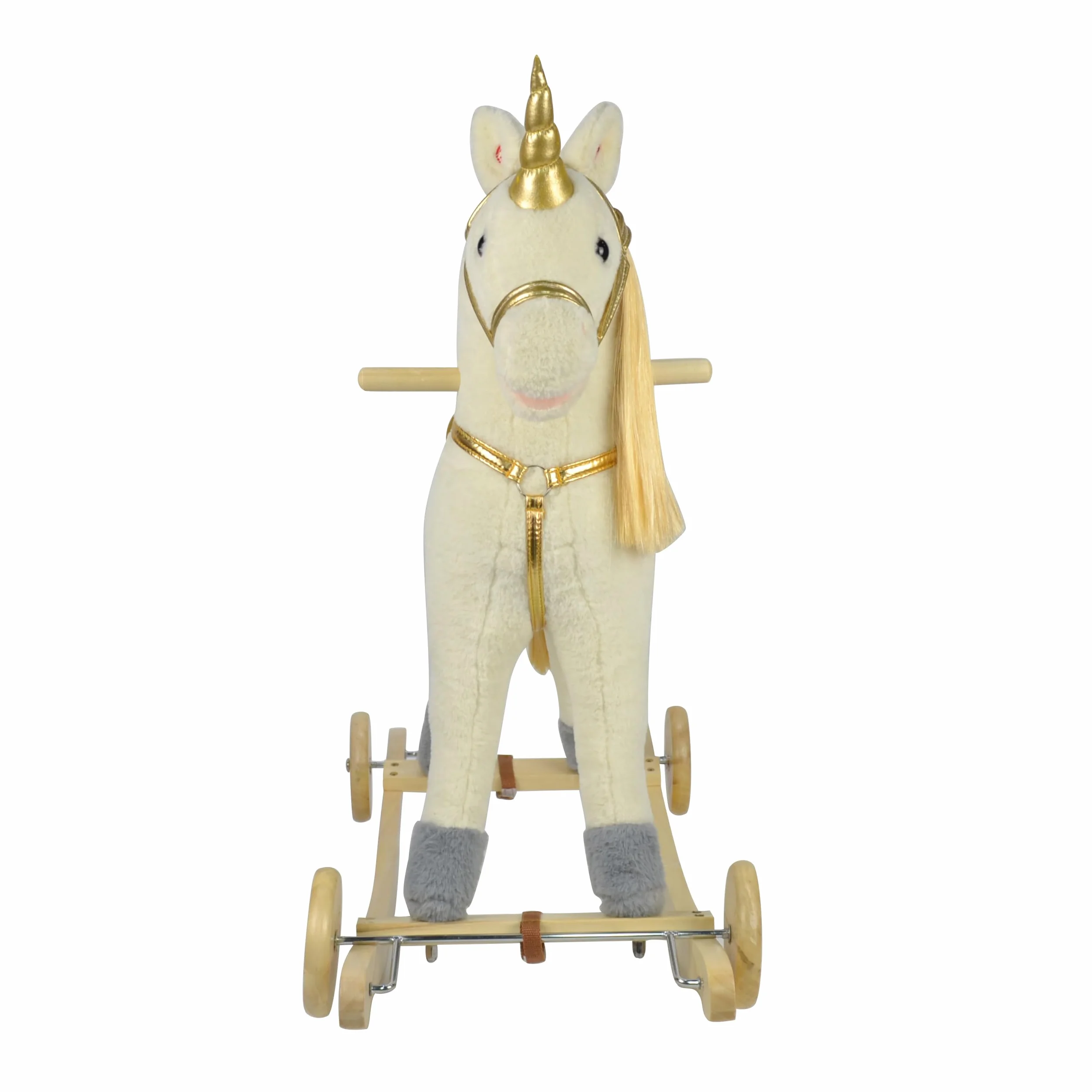 Cavallo a Dondolo per Bambini 36-72 Mesi Unicorno a Dondolo Cavalcabile in Legno e Peluche con Rotelle Suoni e Movimenti Realistici 74x30x62 cm (Bianco e Oro)