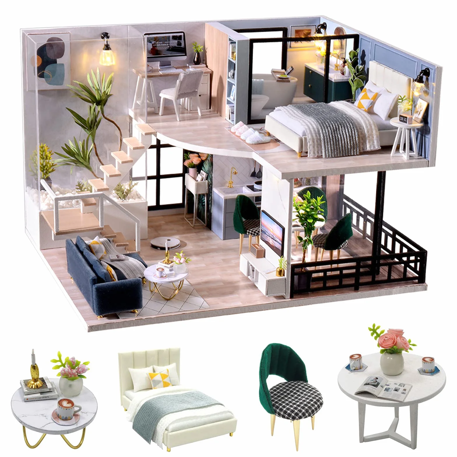 Cuteroom Kit Fai da Te Mini Dollhouse Wooden Furniture Casetta Fatta a Mano con Carillon – per Il Montaggio di Giocattoli Regali di Compleanno (Satisfied Time)