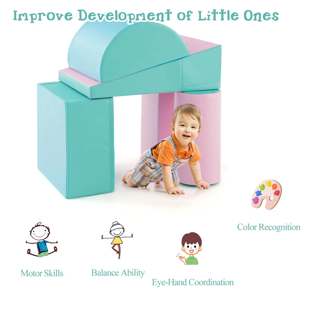 LIFEZEAL Set di 5 Blocchi Morbidi in Schiuma per Bambini 9-36 Mesi, Costruzioni, Libera Combinazione, Mattoni Cubi Componibile, Giocattolo Attività, con Scivolo, Arrampicata (verde+rosa)