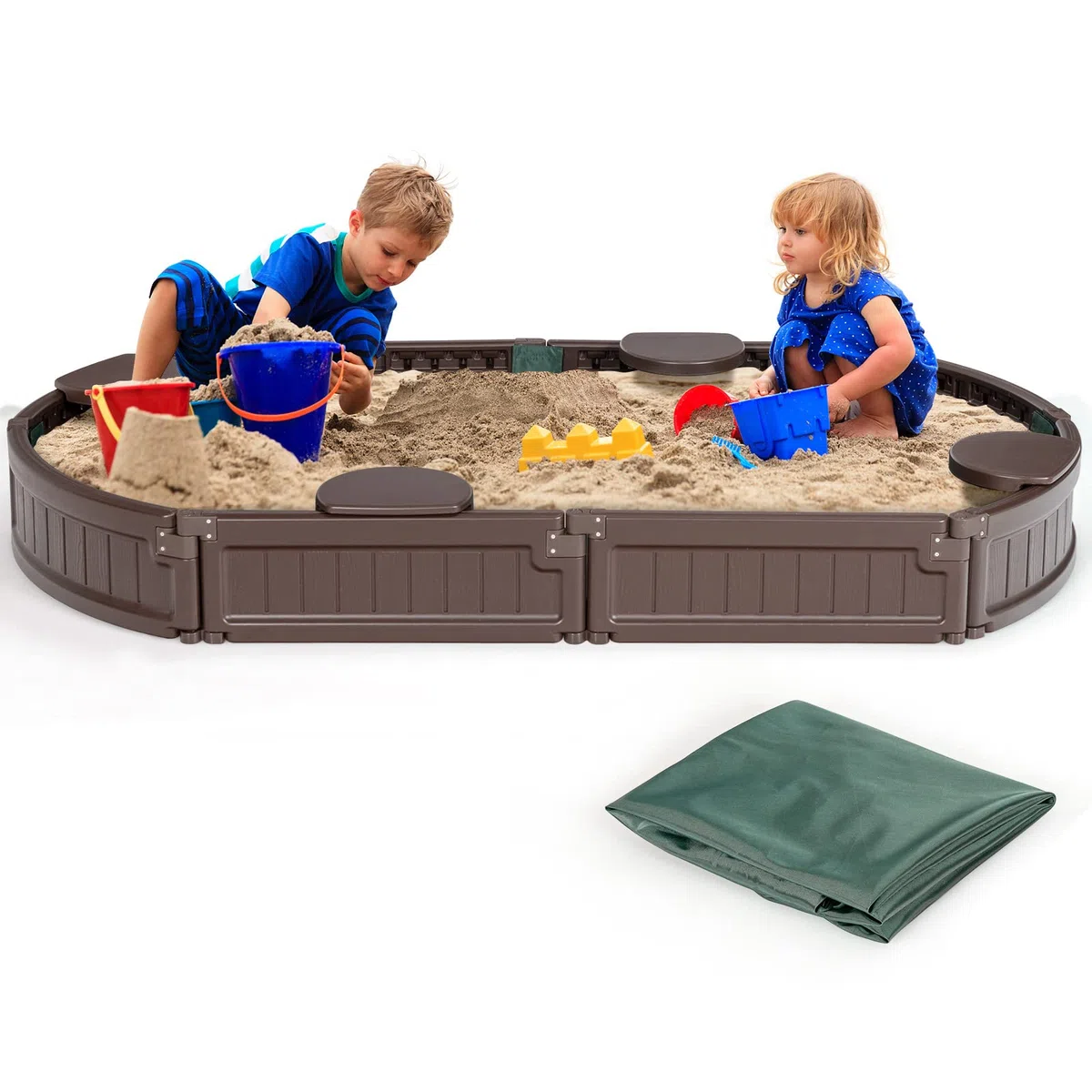 GYMAX Sabbiera per Bambini, Sabbiera con 4 Sedili Staccabili, Sabbiera con Coperchio Impermeabile e Antipolvere, 183 x 105 x 21cm, per Bambini di 3 Anni e più, per Piscina & Giardino, Marrone