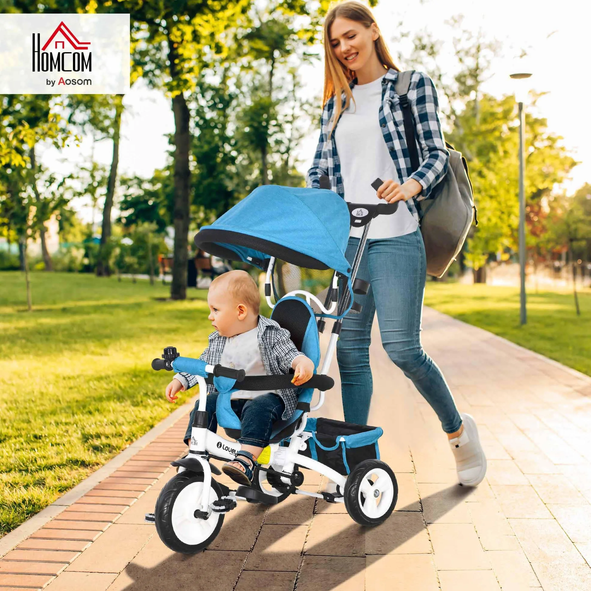 HOMCOM Triciclo per Bambini con Maniglione 6 in 1, Passeggino per Bambini con Tettuccio Regolabile, Cintura di Sicurezza e Cestino, Età 1-5 Anni, Blu
