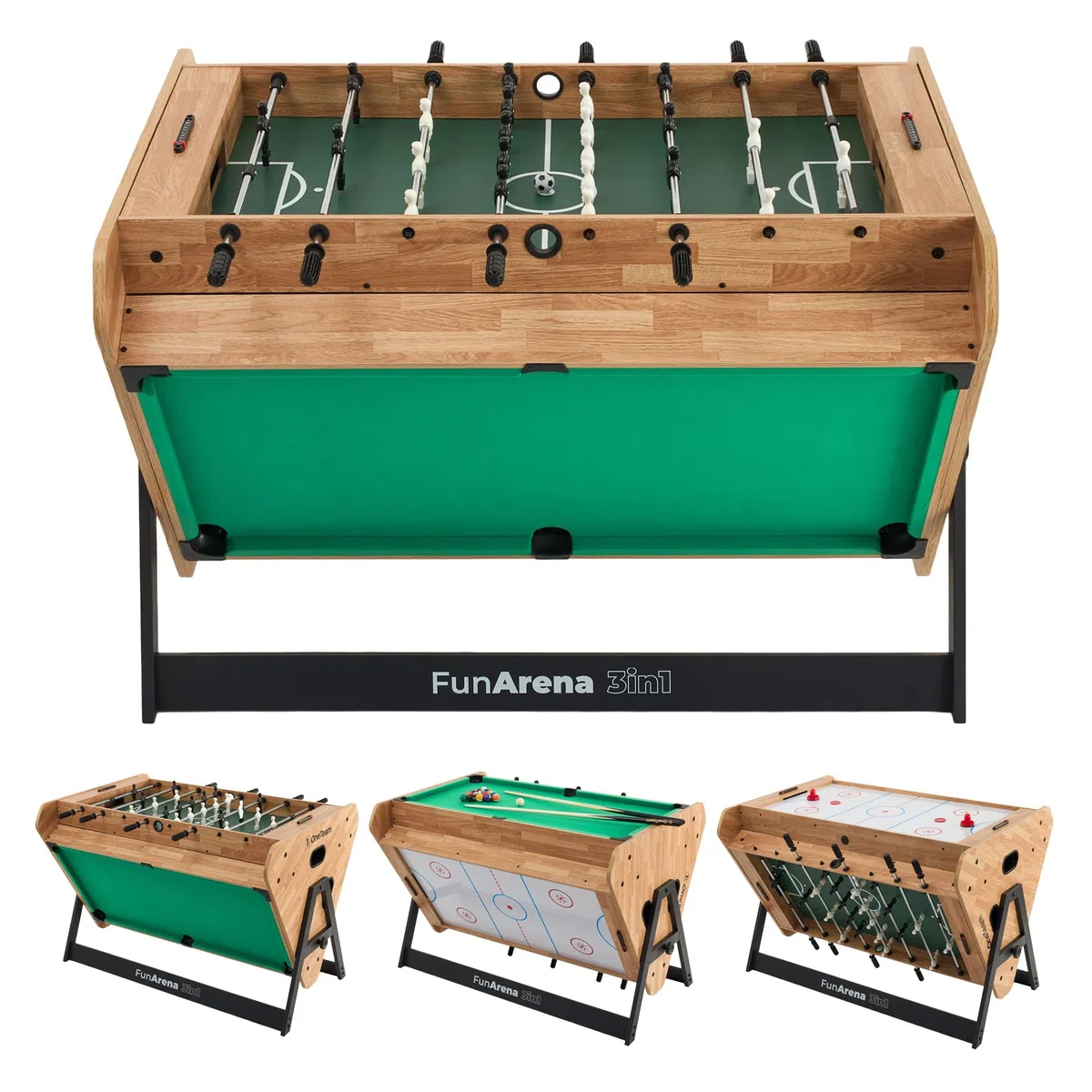 OneTeam FunArena 3in1 – Tavolo da gioco: calcio balilla, biliardo, air hockey; multifunzionale, stabile, compatto con campi di gioco intercambiabili, ideale per casa, sale comuni e stanze di gioco