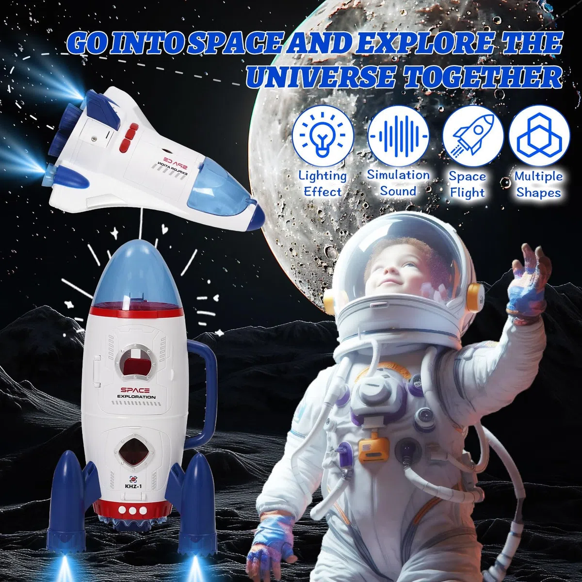 Giocattolo del Razzo Spaziale per Bambini, giocattolo spaziale con effetti di luce e suono, con stazione spaziale, Space Shuttle, Space Rove e astronauti, regalo per bambini
