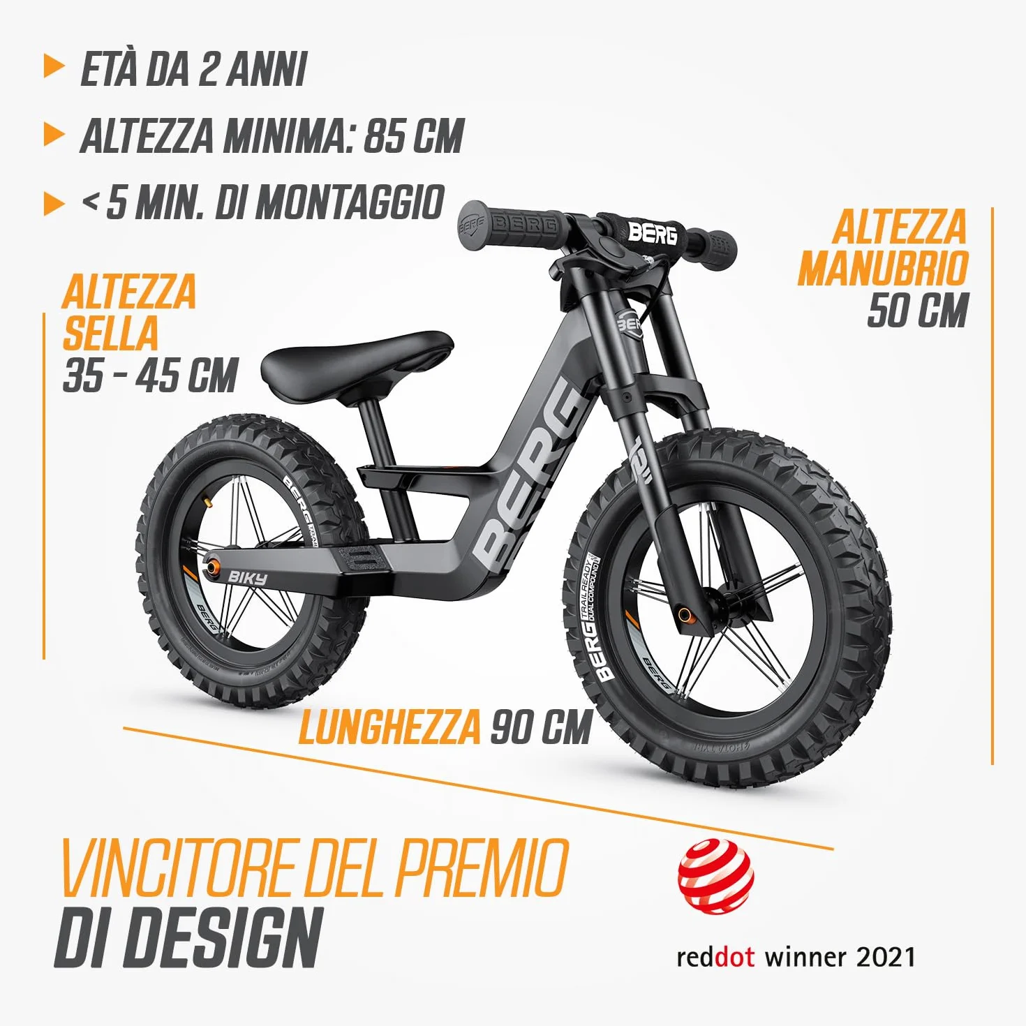 Berg Biky Cross, bicicletta nera con freno a mano a partire dai 2 anni, pneumatici, telaio leggero in magnesio, veicolo antiscivolo da 12 pollici, bicicletta per bambini ragazzi e ragazze, sella
