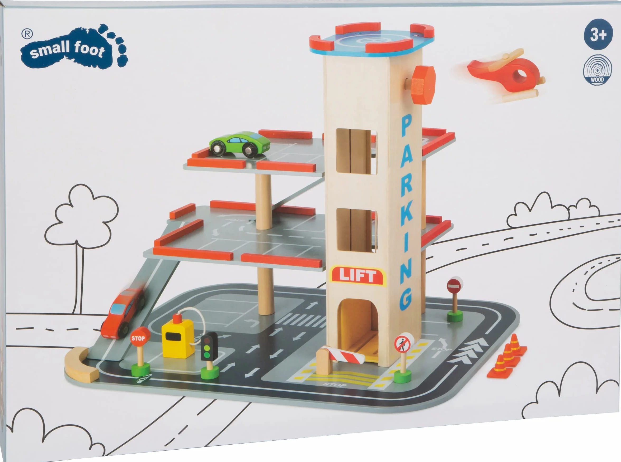 4777 Parcheggio "Discesa rapida" small foot in legno, a 3 piani, ascensore e piazzola di atterraggio per elicotteri, da 3 anni