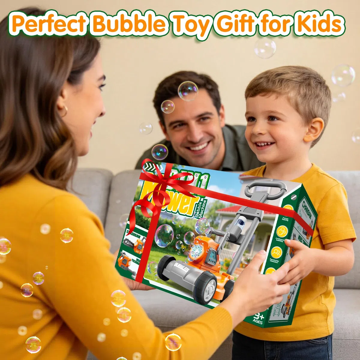 Tosaerba Spara Bolle per Bambini, Macchina per Bolle 3-in-1 con 10 Soluzioni, Giochi all'Aperto per Bambini 3-8 Anni, Regalo di Compleanno Pasqua Estate per Ragazzi e Ragazze 3 4 5 6 7 8 Anni