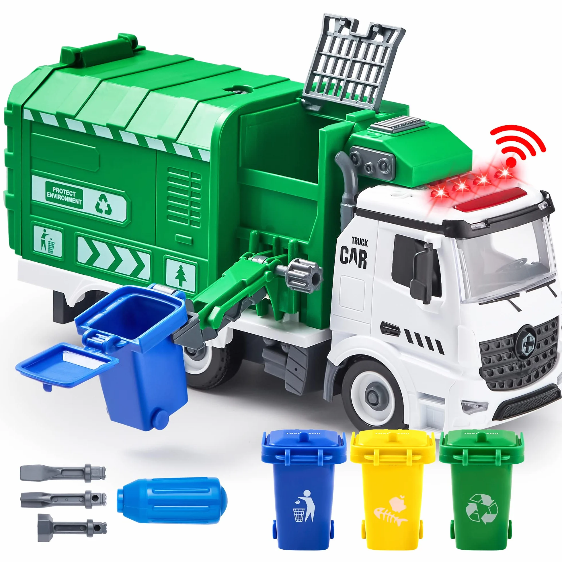 JOYIN Giocattolo camion della spazzatura con luci e suoni per bambini 3-8 anni, camion riciclaggio scarico laterale regalo