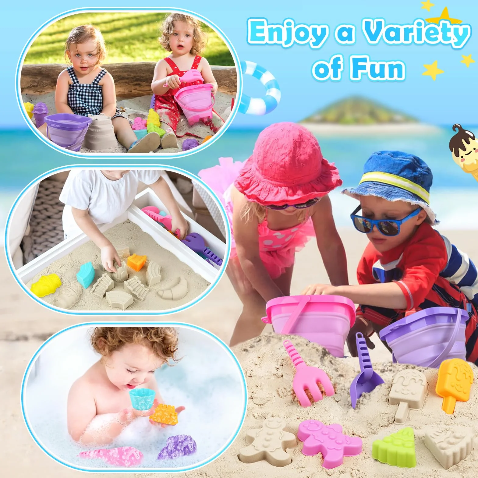 Joyreal 49 Pezzi Gelato Giochi Spiaggia Bambini - Secchiello Pieghevole, Paletta, Borsa Rete, Stampi per Dolce