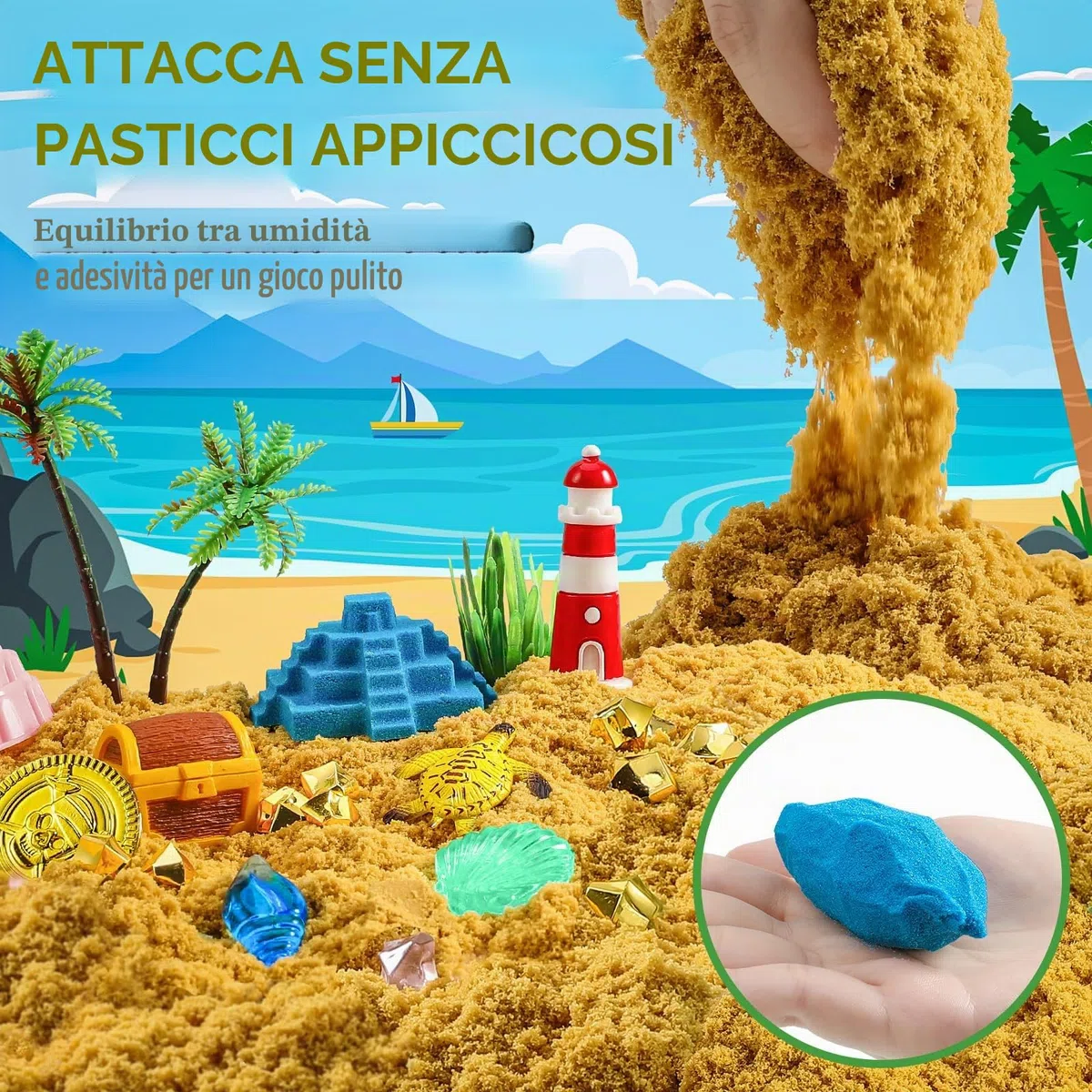KNASON Sabbia Giocattolo per Bambini,Scrigno del Tesoro Pirata Kit di Sabbiera con 1KG Sabbia Magica,Illuminano al Buio Gemme e Mappa,Regalo di Natale e Compleanno per Bambini 3 ai 8 Anni