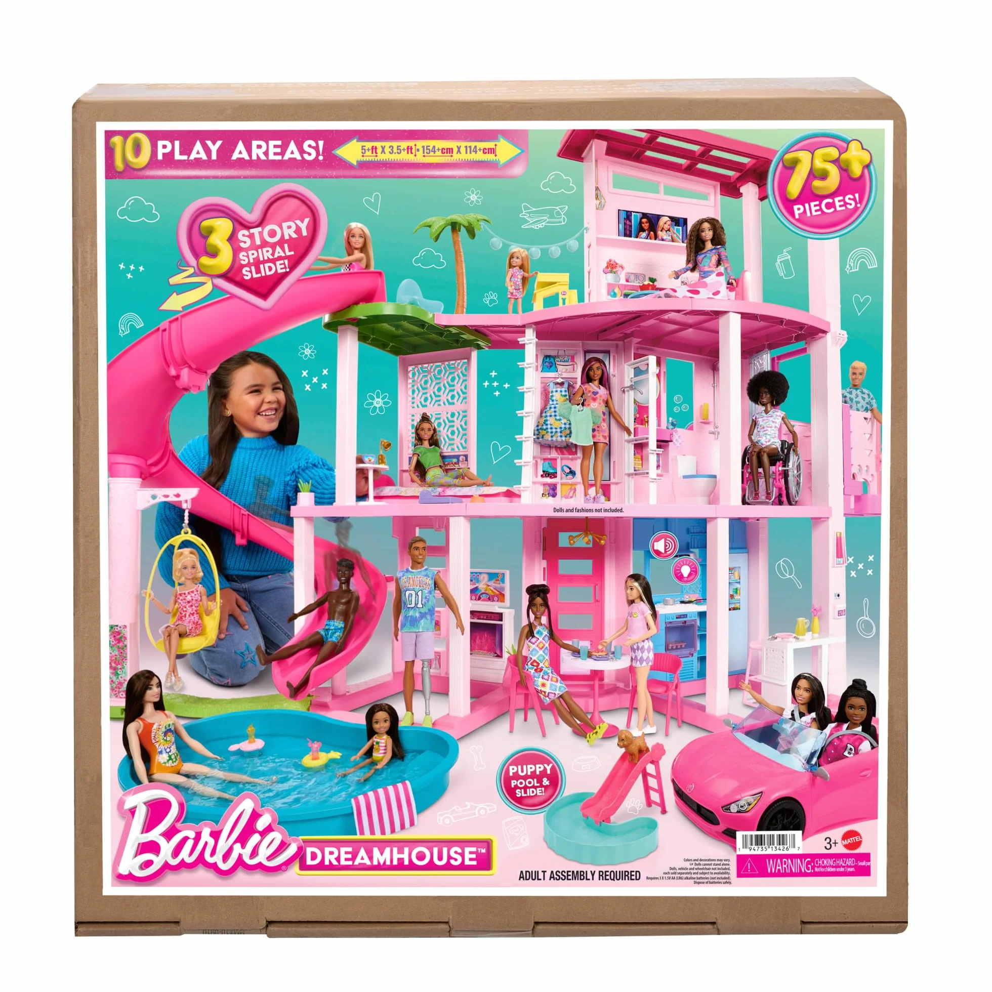 Barbie - Casa dei Sogni di Barbie, playset casa delle bambole con piscina, scivolo a 3 piani, ascensore e aree di gioco per cuccioli, 75+ accessori, giocattolo per bambini, 3+ anni, HMX10
