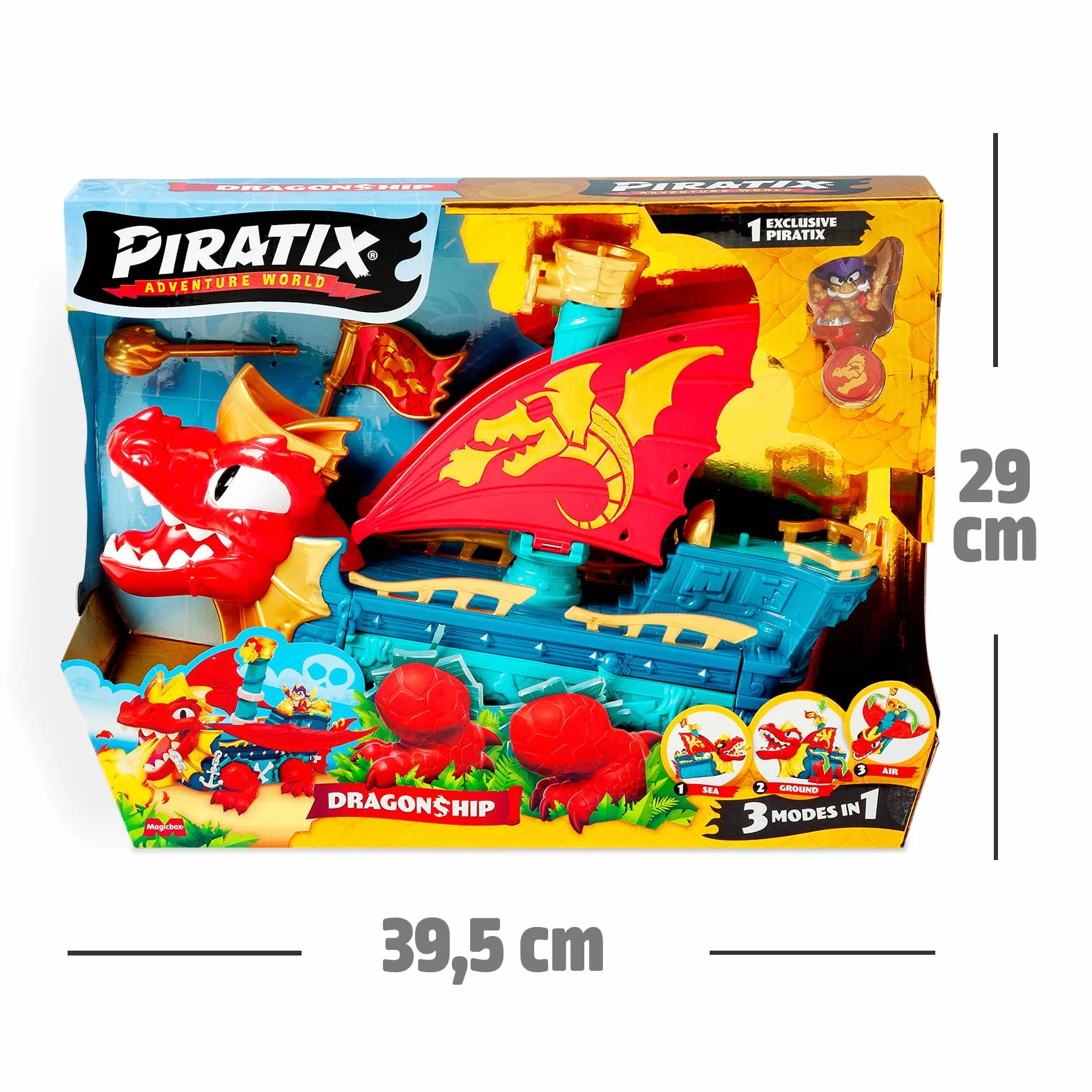 PIRATIX Dragon Ship – Piratix Dragon Nave All Terreno 3 in 1: Terra, Mare e Aria. Contiene 1 Nave Dragone, 1 Piratix Esclusivo, 1 Tesoro Esclusivo, 1 Bandiera e 1 proiettile