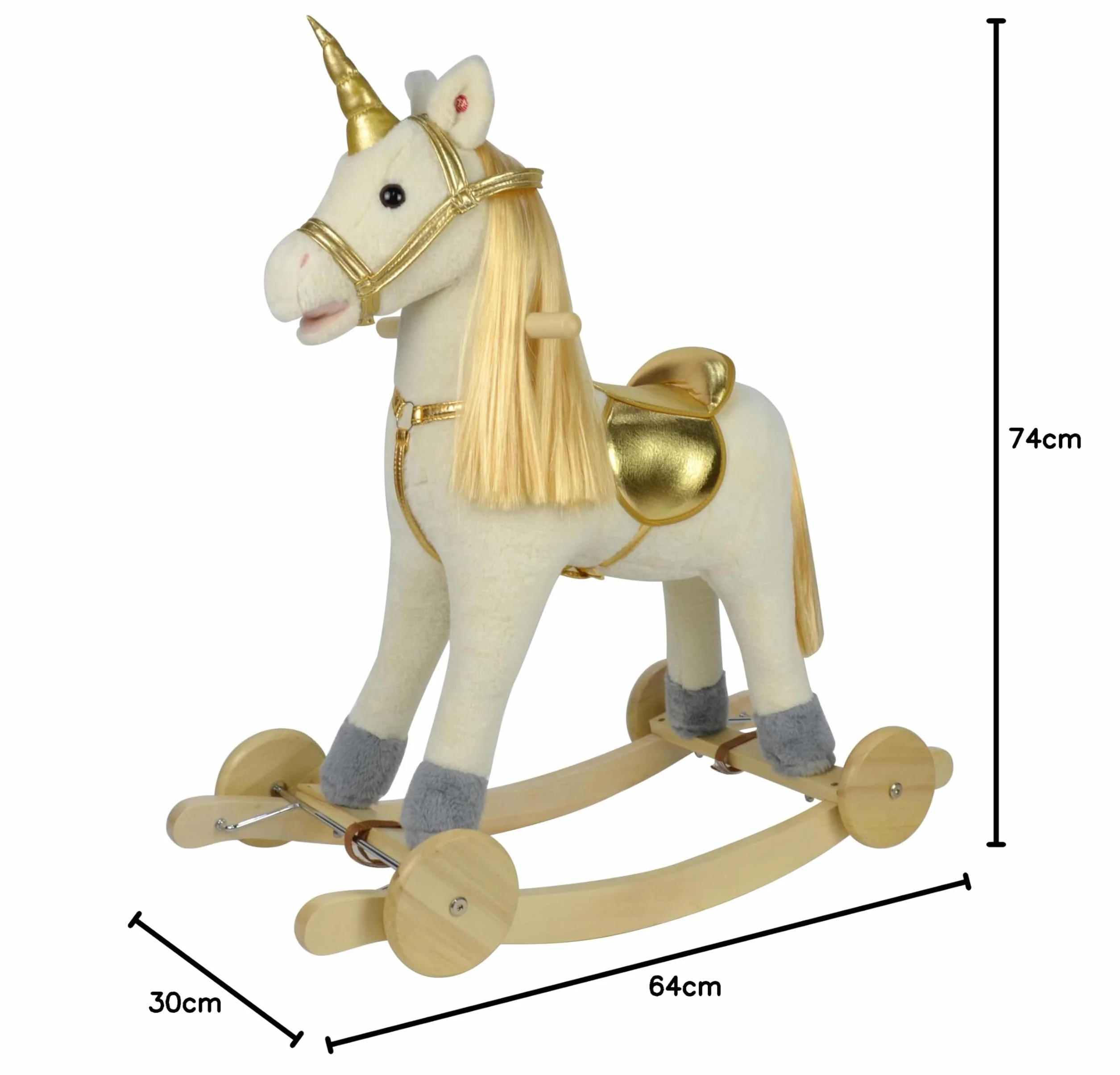 Cavallo a Dondolo per Bambini 36-72 Mesi Unicorno a Dondolo Cavalcabile in Legno e Peluche con Rotelle Suoni e Movimenti Realistici 74x30x62 cm (Bianco e Oro)