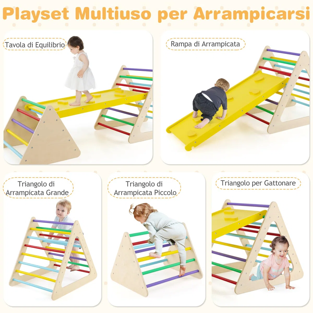 RELAX4LIFE Triangolo da Arrampicata in Legno con Scivolo, 2 Scale e 1 Rampa, Giochi Montessori per Bambini 1+