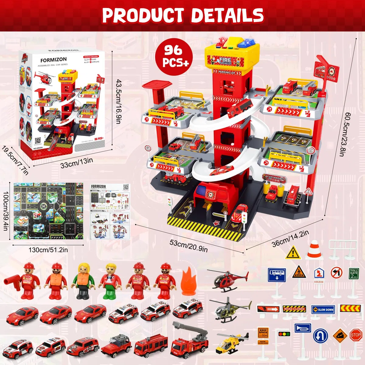 FORMIZON 5 Piani Parcheggio per Bambini dai 3 Ann, Parcheggio Macchinine con Garage, Ascensore, Rampe, Effetti Sonori e Luminosi, Garage Mmacchine per Bambini con 8 Autos e 3 Elicottero (Rosso)