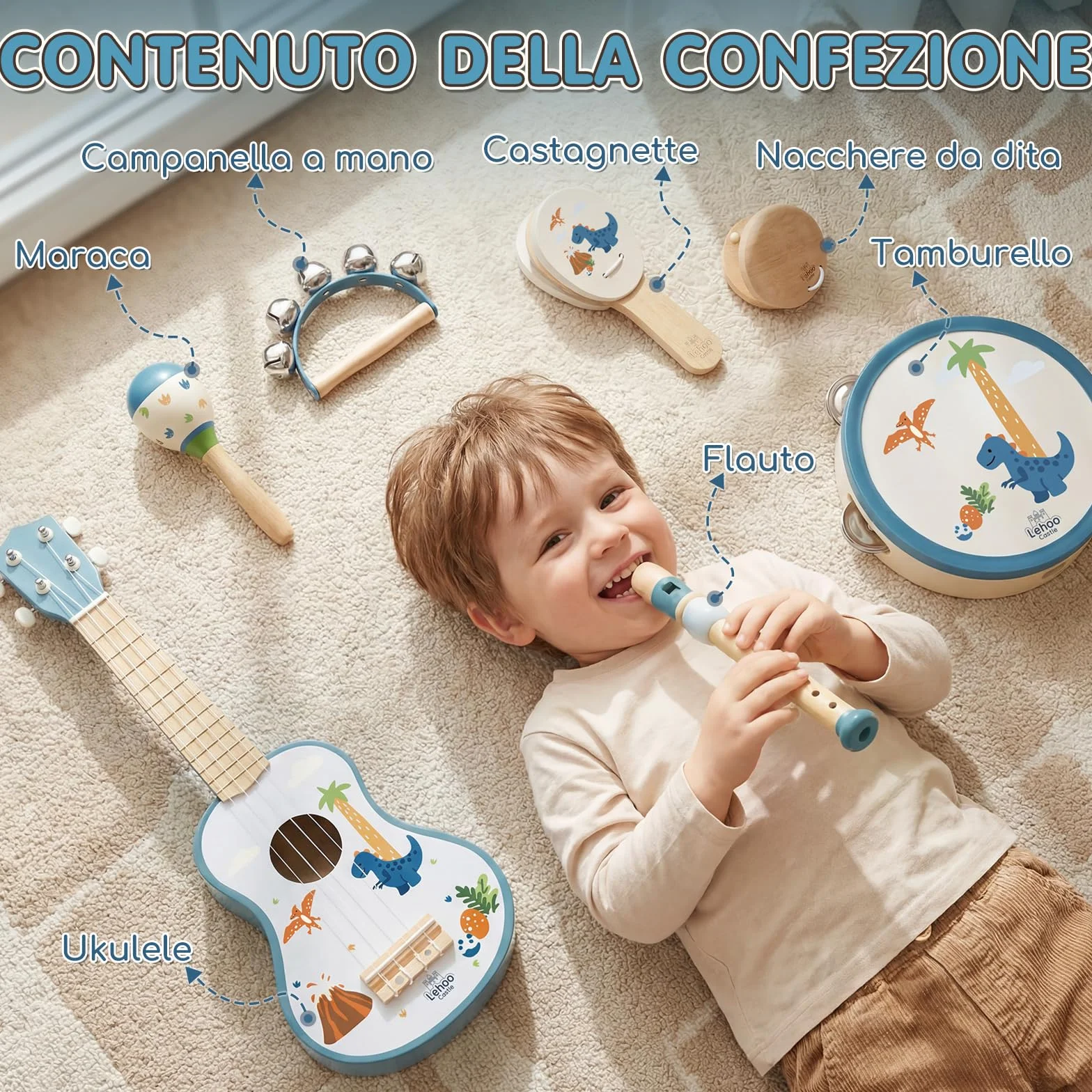 Lehoo Castle Chitarra per Bambini, 7 Strumenti Musicali Montessori Giochi, con ukulele, Tamburello, Flauto, Maracas, Giocattoli in Legno, Giocattoli Didattici, Regalo per bambini di 1, 2, 3 anni