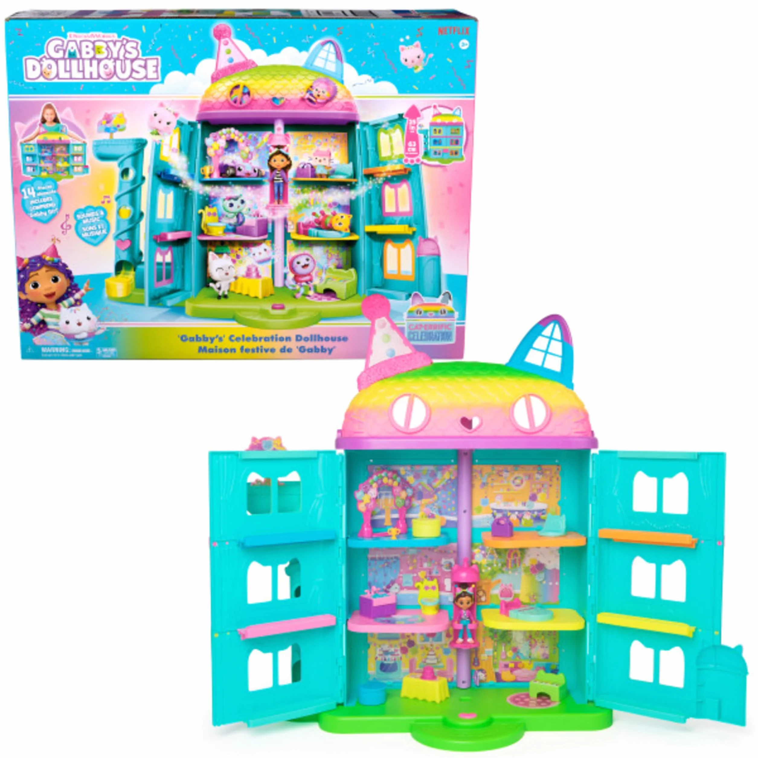 Gabby's Dollhouse, la Casa delle Bambole di Gabby a Tema Festa, 15 Pezzi a Tema Arcobaleno, Personaggi e Mobili per la Casa delle Bambole con Effetti Sonori, Alta 60 cm, 3+ Anni