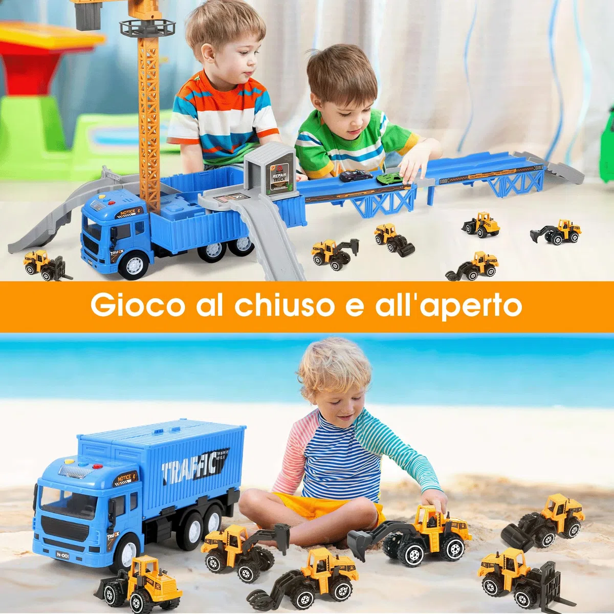 MOONTOY Cantiere Giocattolo per Bambini Camion Pista Macchinine Gru Bisarca con Escavatore Bulldozer Betoniera Rullo Compressore Regalo 3 4 5 6 Anni