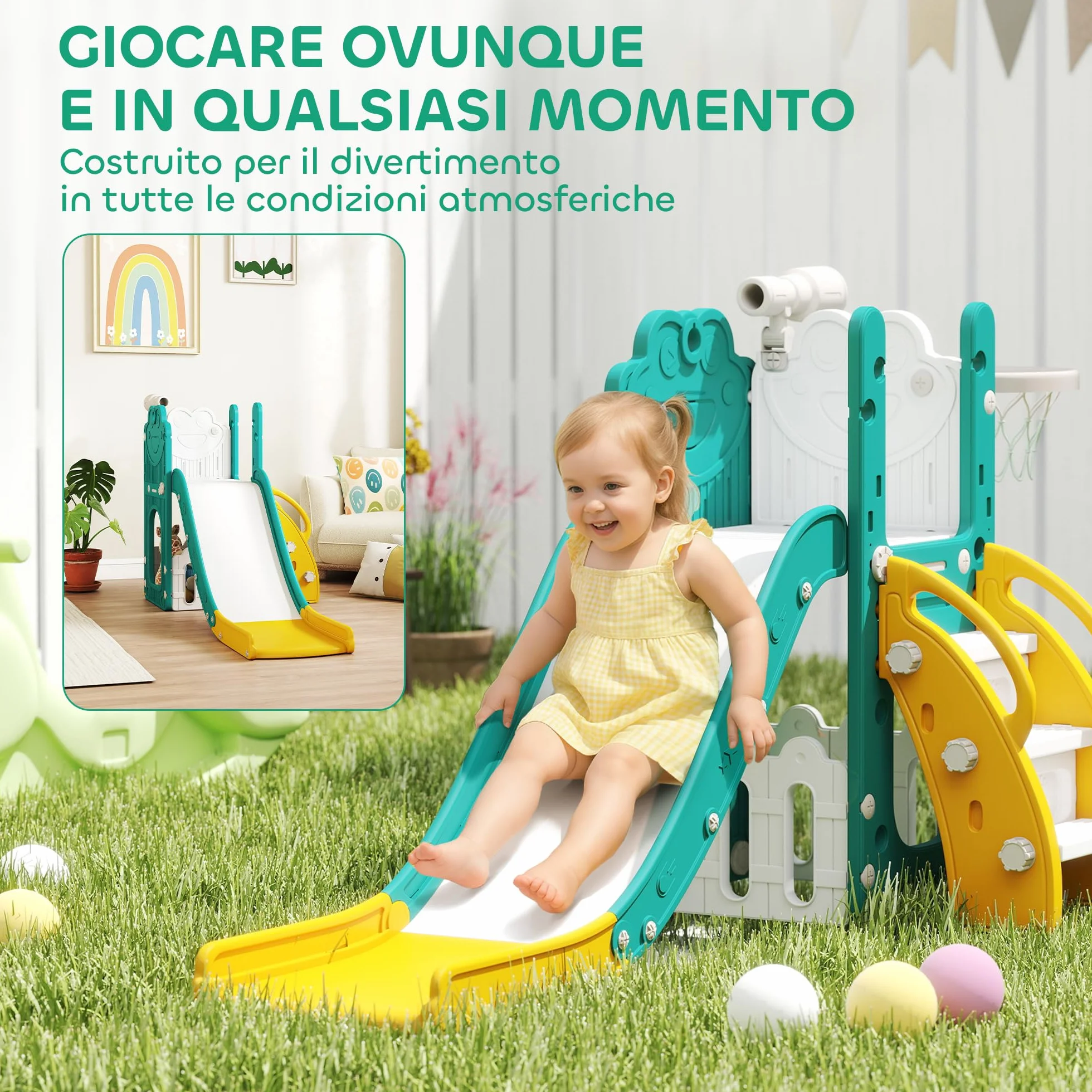 AIYAPLAY Set Scivolo per Bambini 5 in 1 con Canestro, Scaletta, Telescopio Giocattolo e Contenitori, Giochi per Bambini da Interno ed Esterno Età 1-3 Anni, Giallo