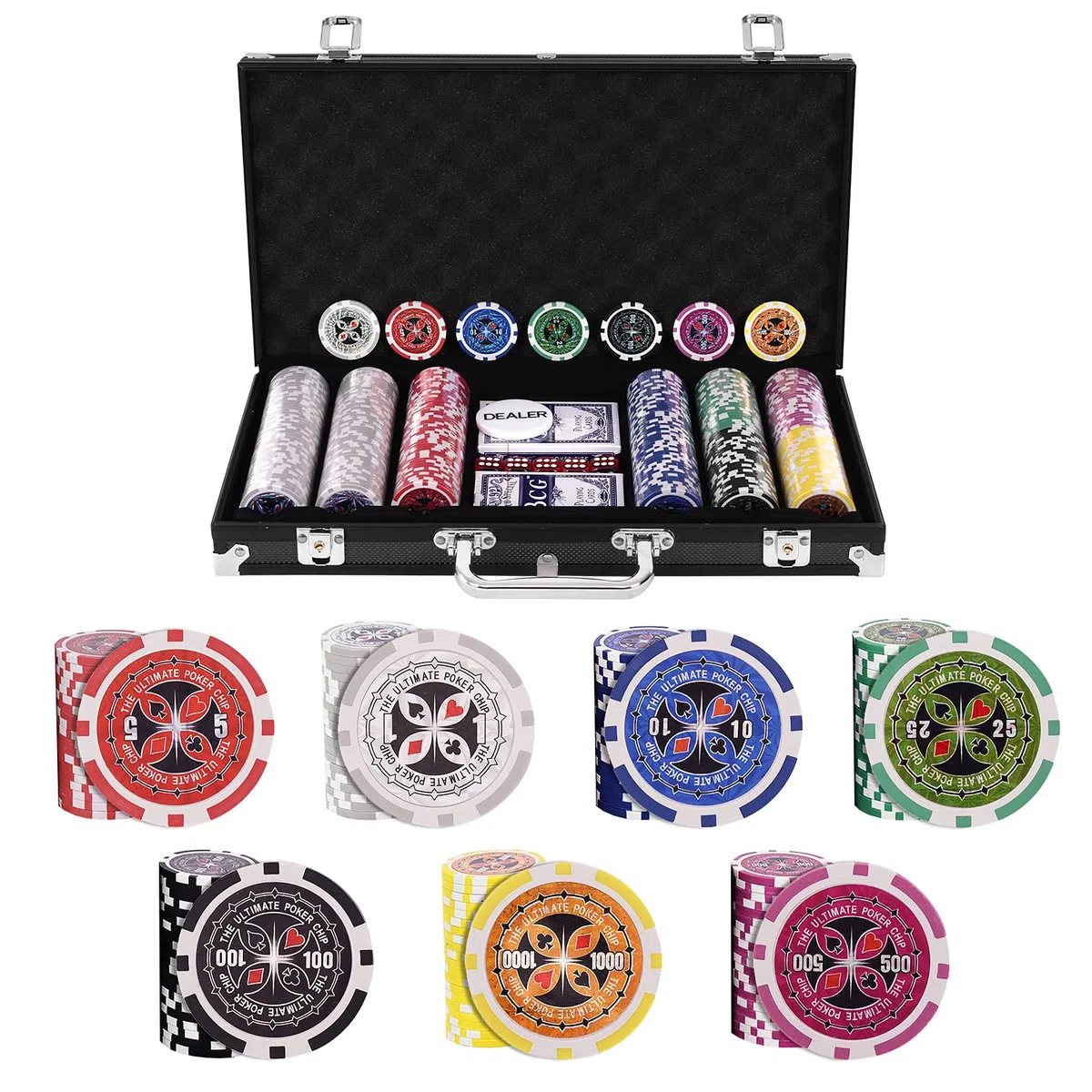 HOMASIS Set da Poker con 300 Chips, Valigetta da Poker con Serratura, Kit Poker con 2 Mazzi di Carte, 5 Dadi, 1 Bottone del Mazziere, Carte da Poker per Feste (Nero)