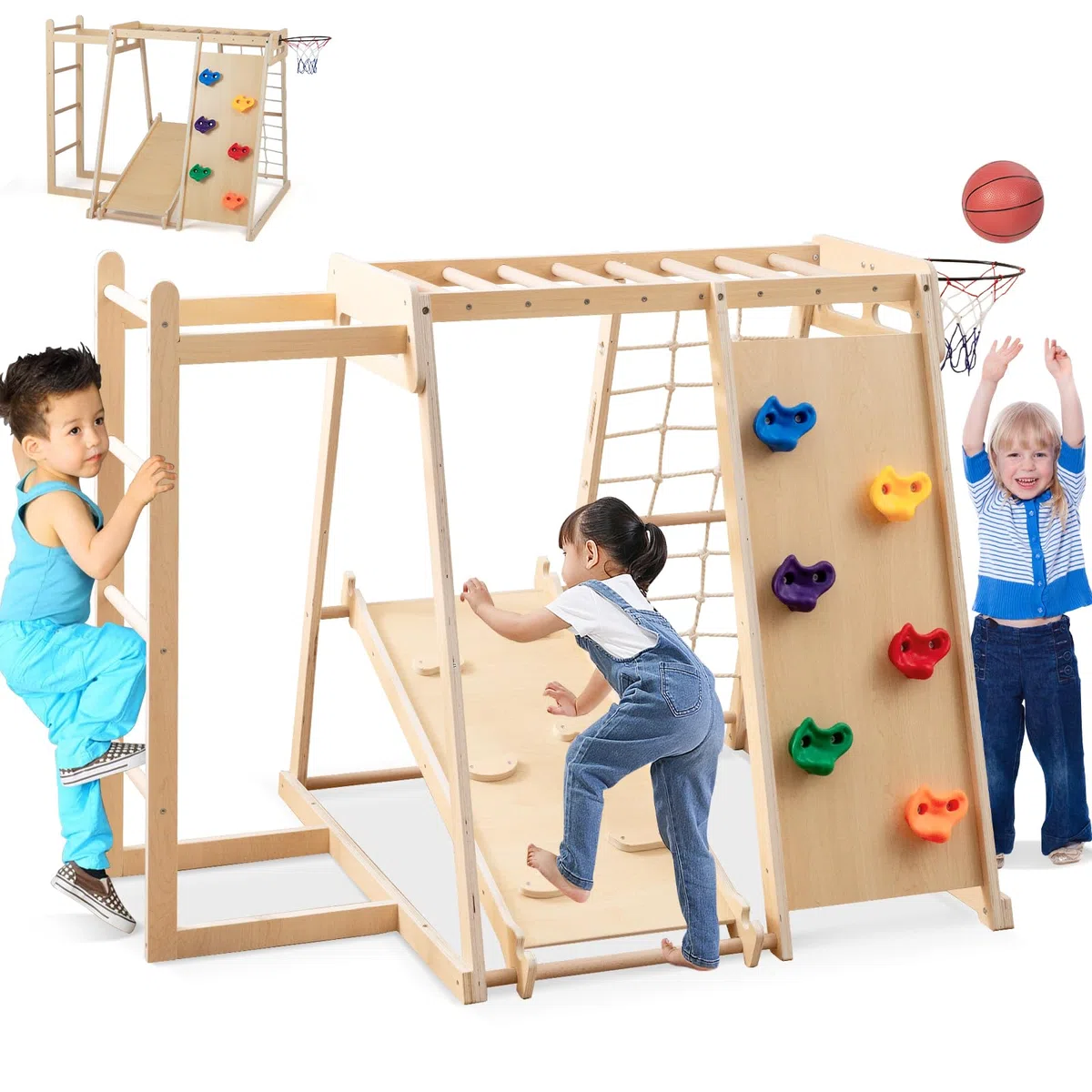 HOMASIS 6w1 Arrampicata per Bambini, Palestra con Scivolo Doppia Faccia, Rete, Scala, Canestro, Parete Arrampicata, Barre Scimmia, 3+ Lat Naturale