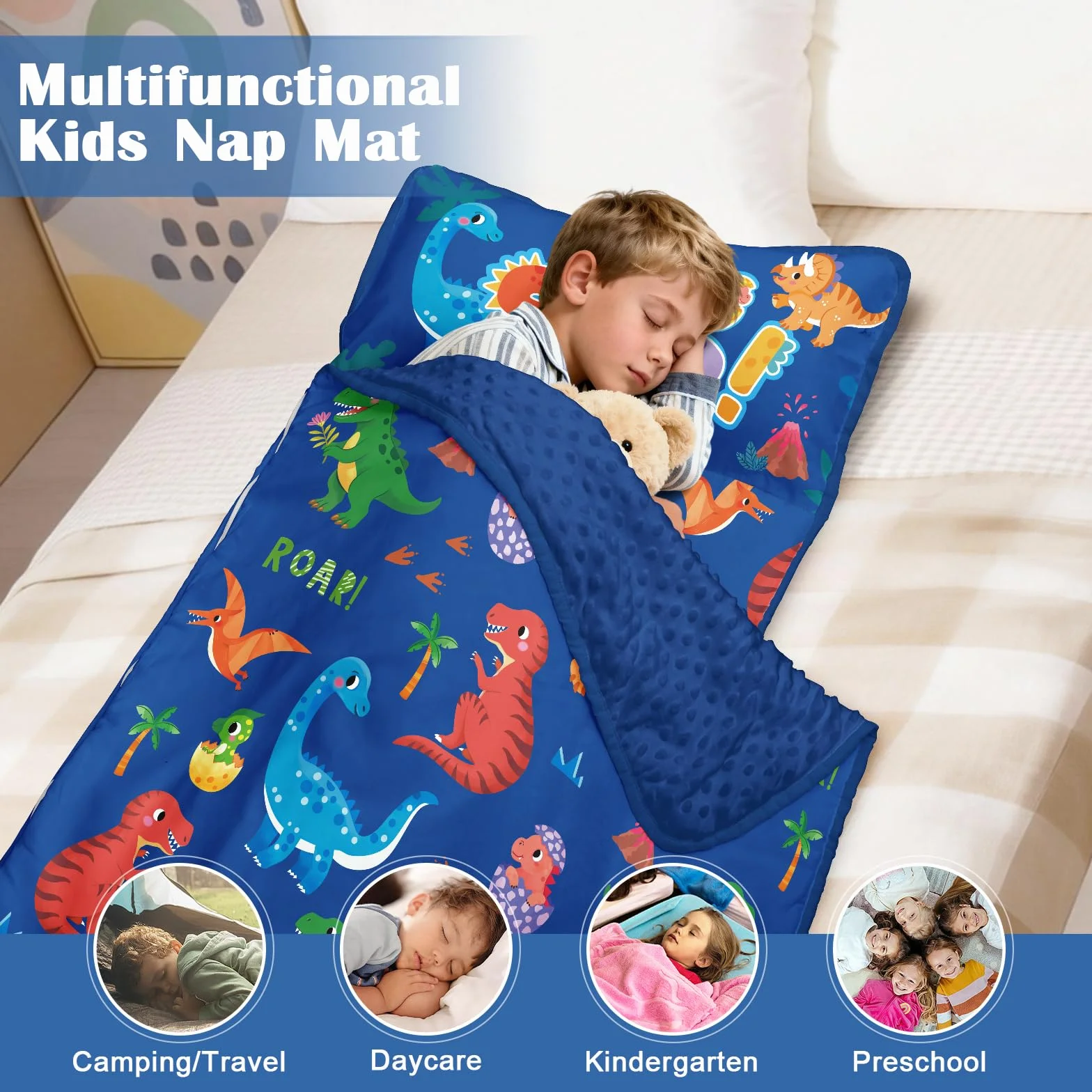 Decalsweet Nap Mat per Bambini con Cuscino e Coperta Rimovibili, Grande Extra Spesso 2 in 1 Sacco a Pelo Pieghevole per Ragazze Ragazzi, Leggero e Morbido Nap Mats per Asilo Nido e Campeggio