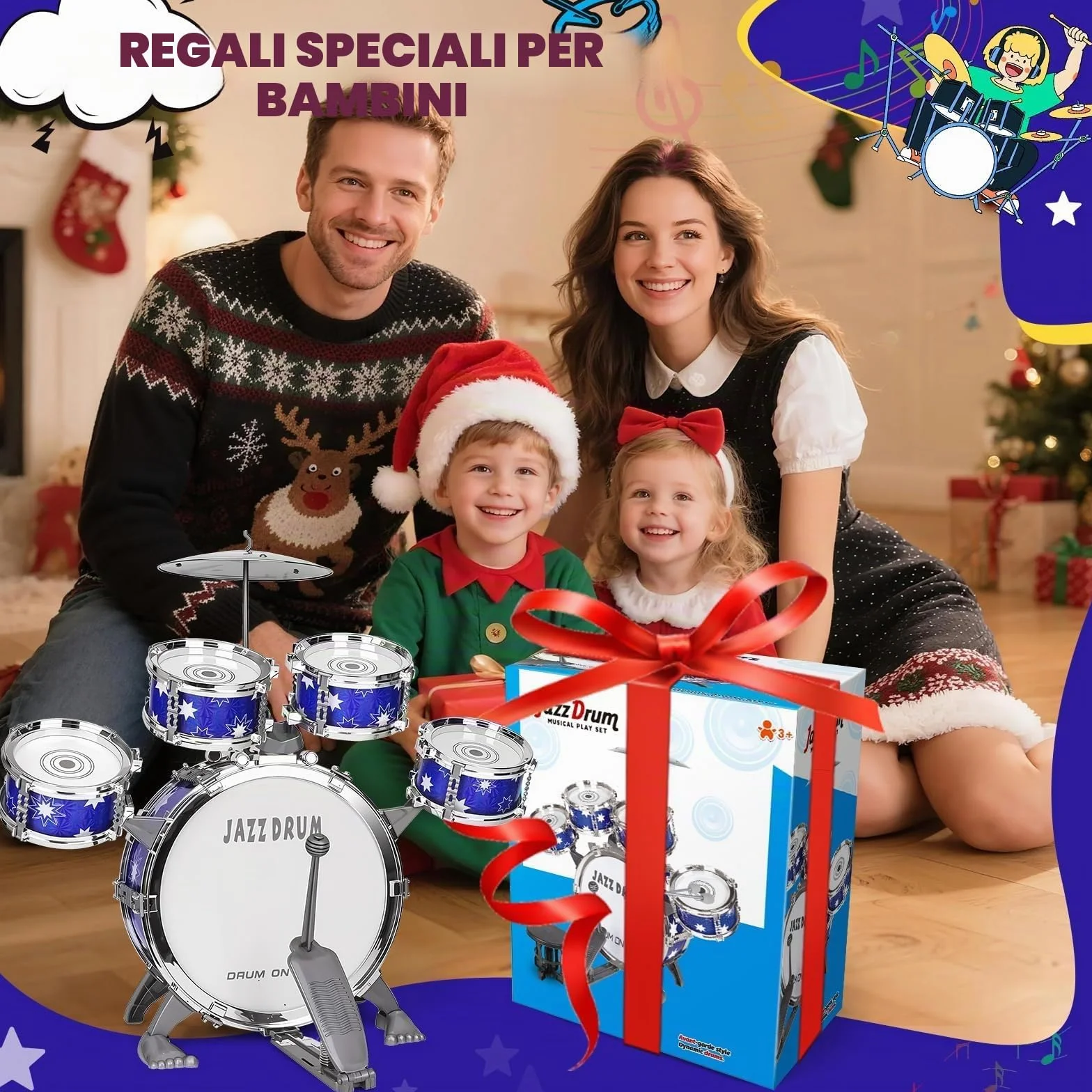 Upgrade Giocattolo Batteria Bambini 2-4 Anni Kit Batteria Jazz per Bambini con Sgabello, Giocattolo Strumento Musicale per Ragazze Ragazzi di 3 4 5 Anni Regalo
