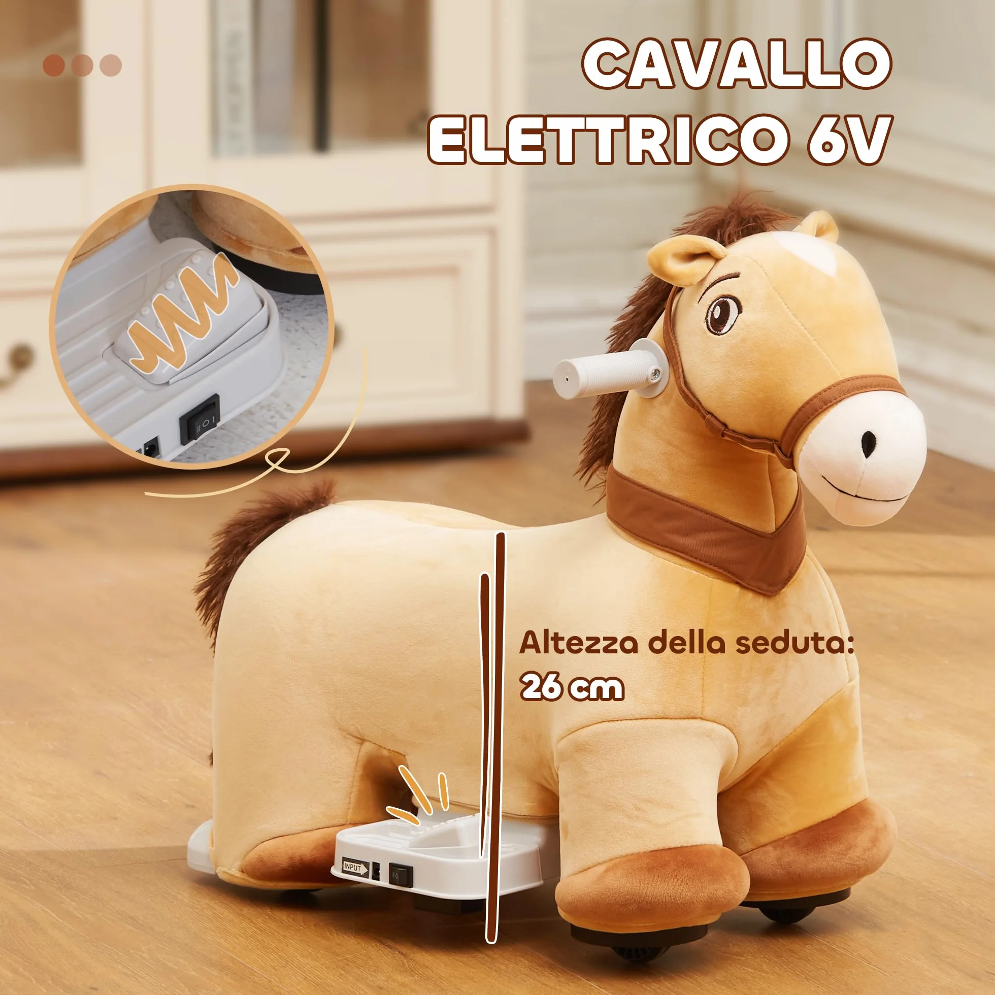 AIYAPLAY Cavallo a Dondolo Elettrico 6V per Bambini da 18-36 Mesi con Musica e Ruote, Cavalluccio a Dondolo Cavalcabile in Poliestere, 69x34x53cm, Marrone