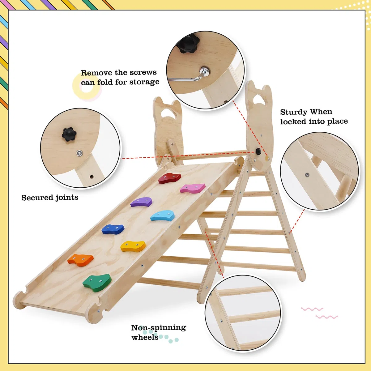 Triangolo di Pikler Montessoriano 3 in 1 per Bambini con Scivolo e Arrampicata Pieghevole