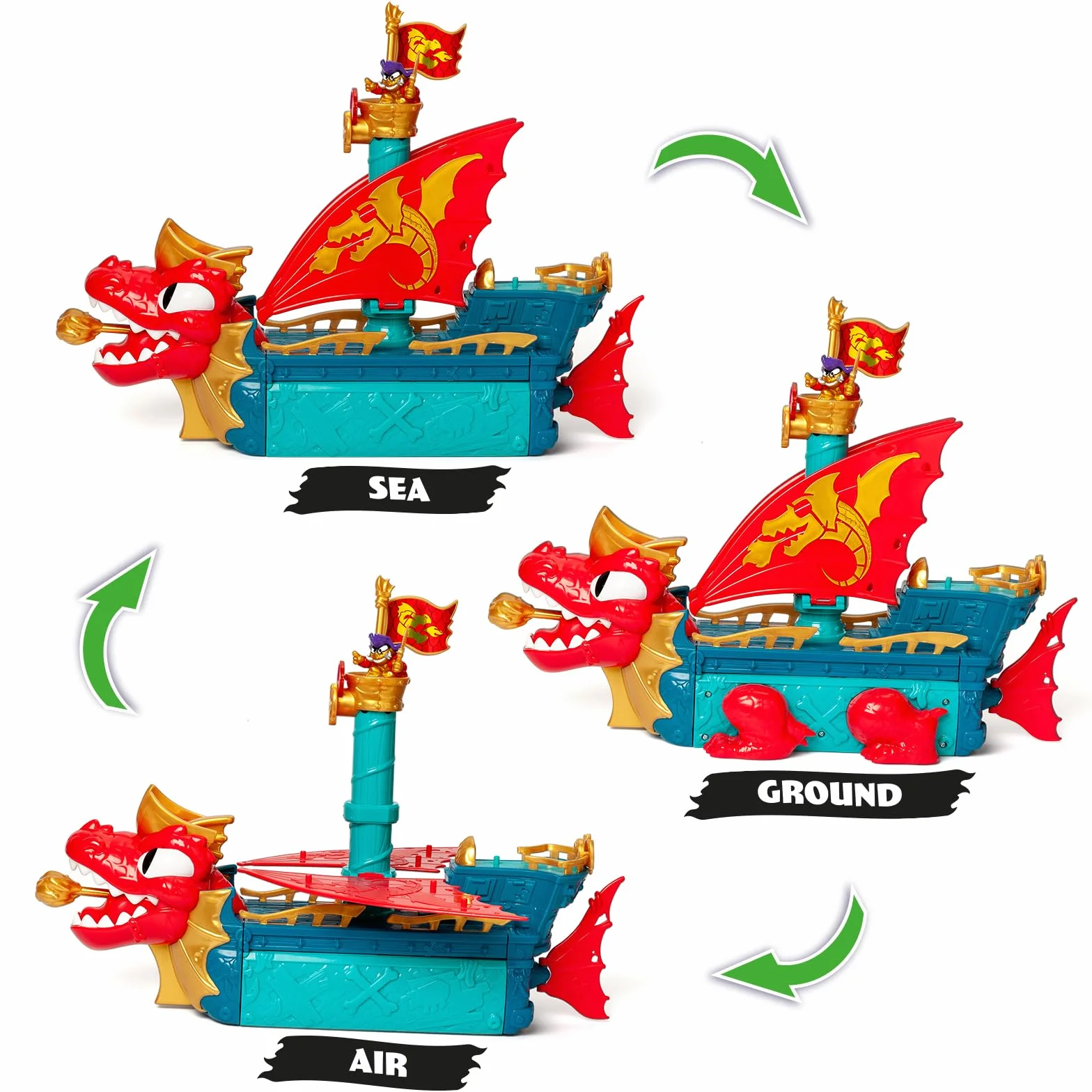 PIRATIX Dragon Ship – Piratix Dragon Nave All Terreno 3 in 1: Terra, Mare e Aria. Contiene 1 Nave Dragone, 1 Piratix Esclusivo, 1 Tesoro Esclusivo, 1 Bandiera e 1 proiettile