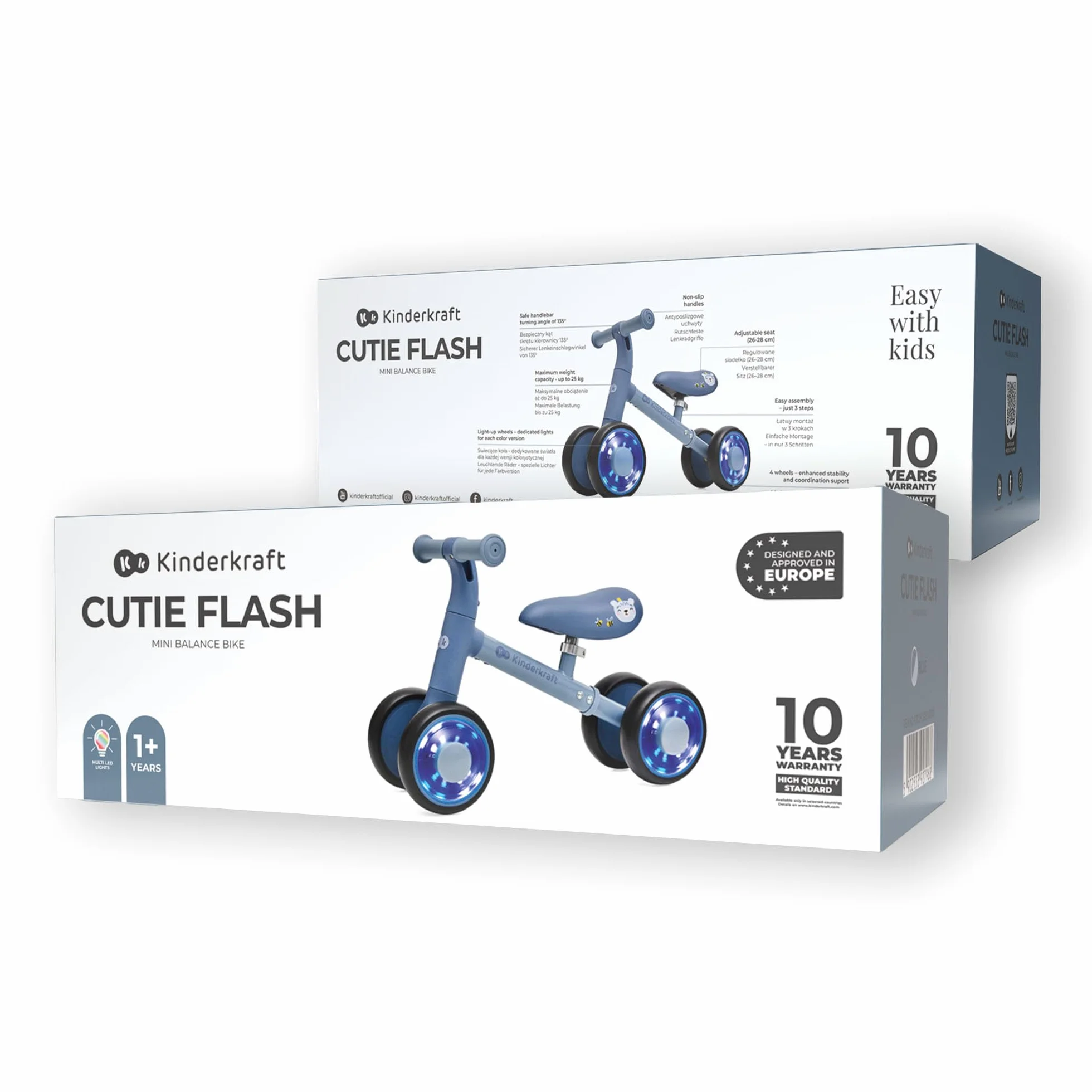 Kinderkraft CUTIE FLASH, bicicletta educativa per bambini, senza pedali, ruote con luci a LED, design moderno, costruzione sicura, per bambini a partire da 1 anno, Blu