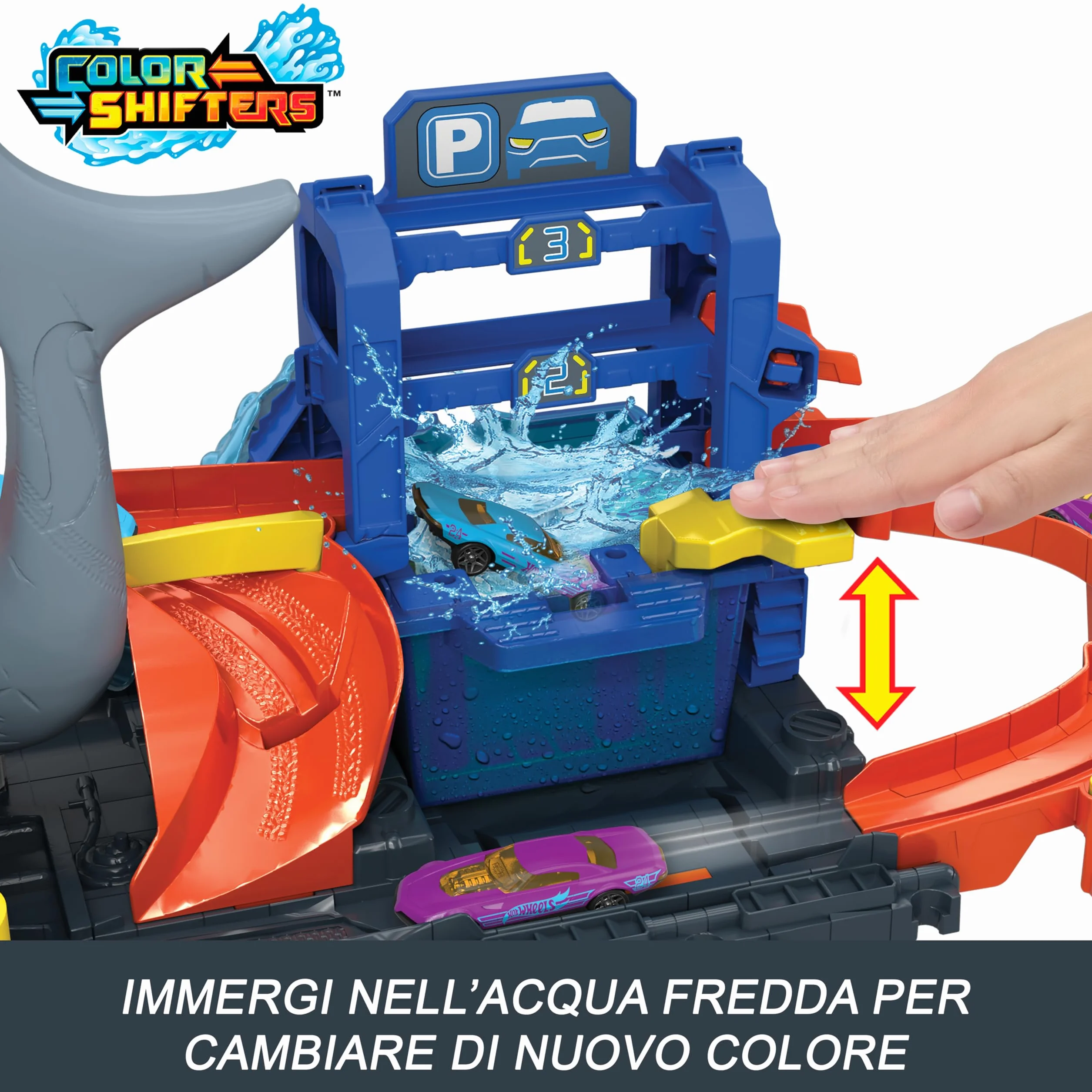 Hot Wheels 'Let's Race' Netflix - Mega Squalo Autolavaggio, pista con rullo di schiuma e cancelli mobili, funzione cambia colore e macchinina Color Reveal inclusa, 3+ anni, HTN82