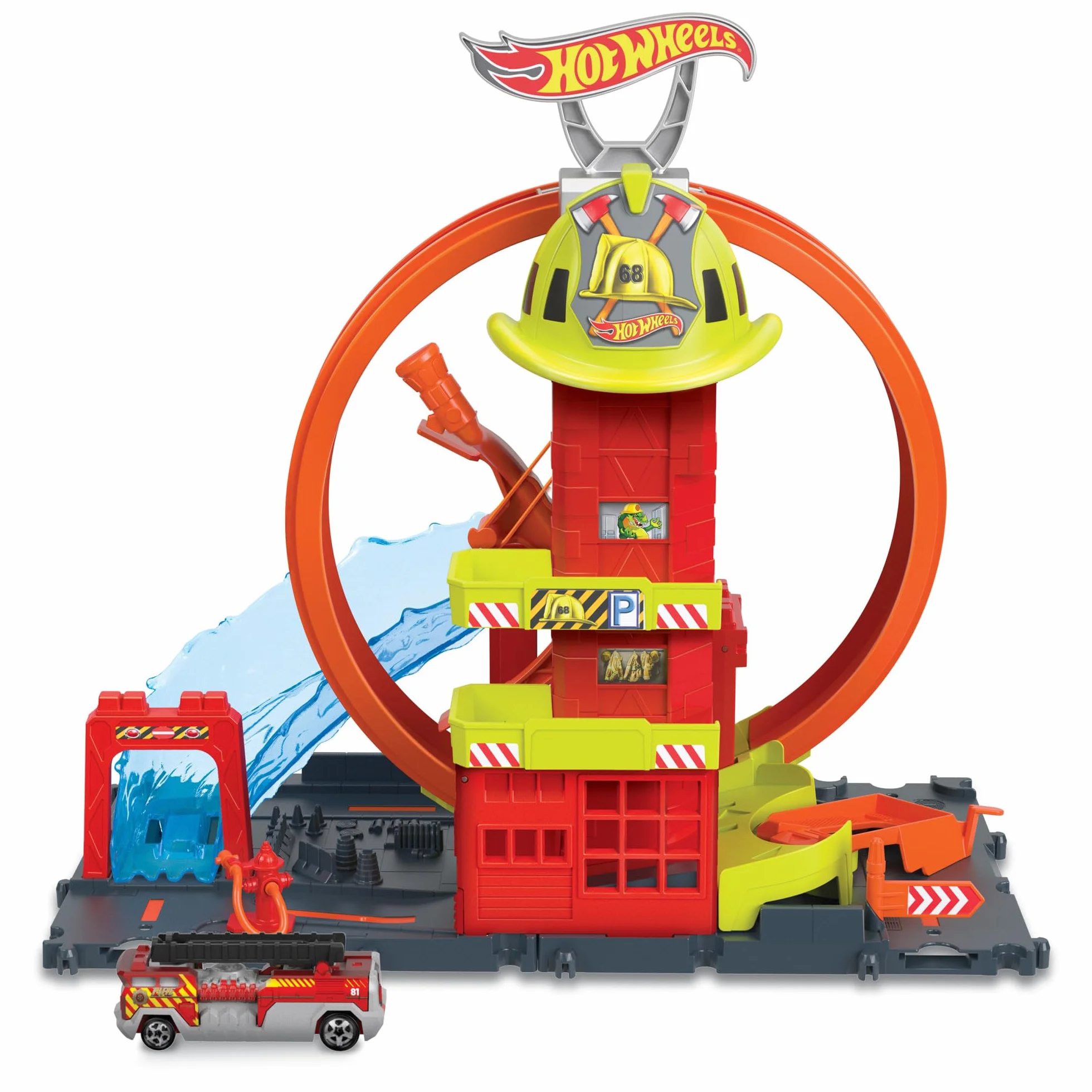 Hot Wheels - City Caserma dei Pompieri con Super Loop, con 1 macchinina, ascensore azionato manualmente, rampa simil-acquatica, Giocattolo per Bambini 4+ Anni, HKX41