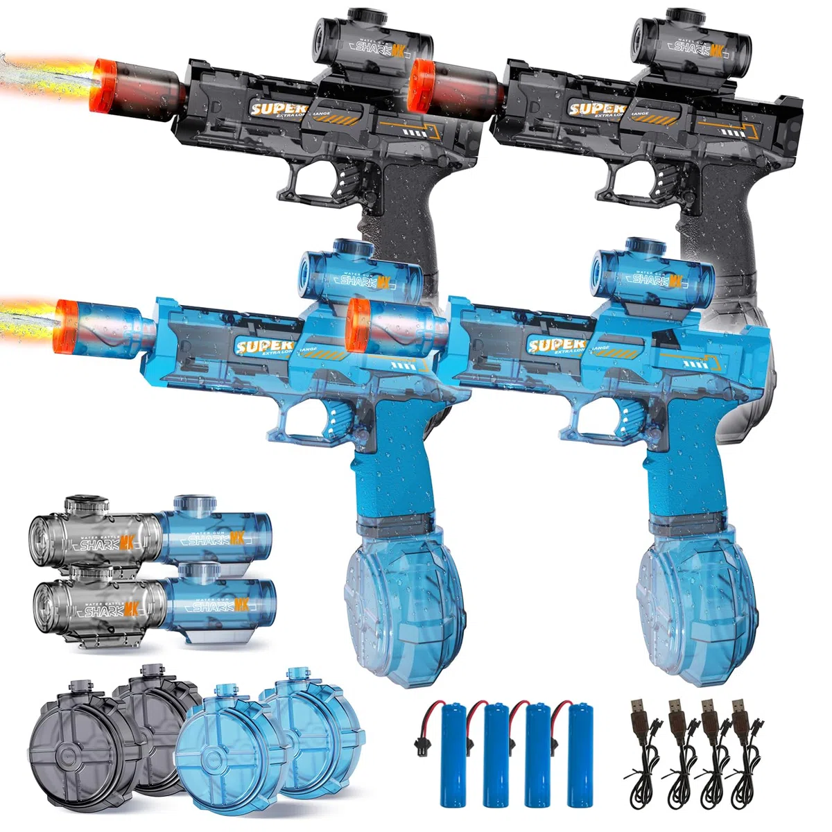 4PCS Pistola ad Acqua Elettrica, Fucile ad Acqua con Fiamma LED, Gittata 8-10M, Ricaricabile Pistole ad Acqua Automatica per Bambini,Piscina, Spiaggia e Giardino, Giocattolo Regalo di Compleanno