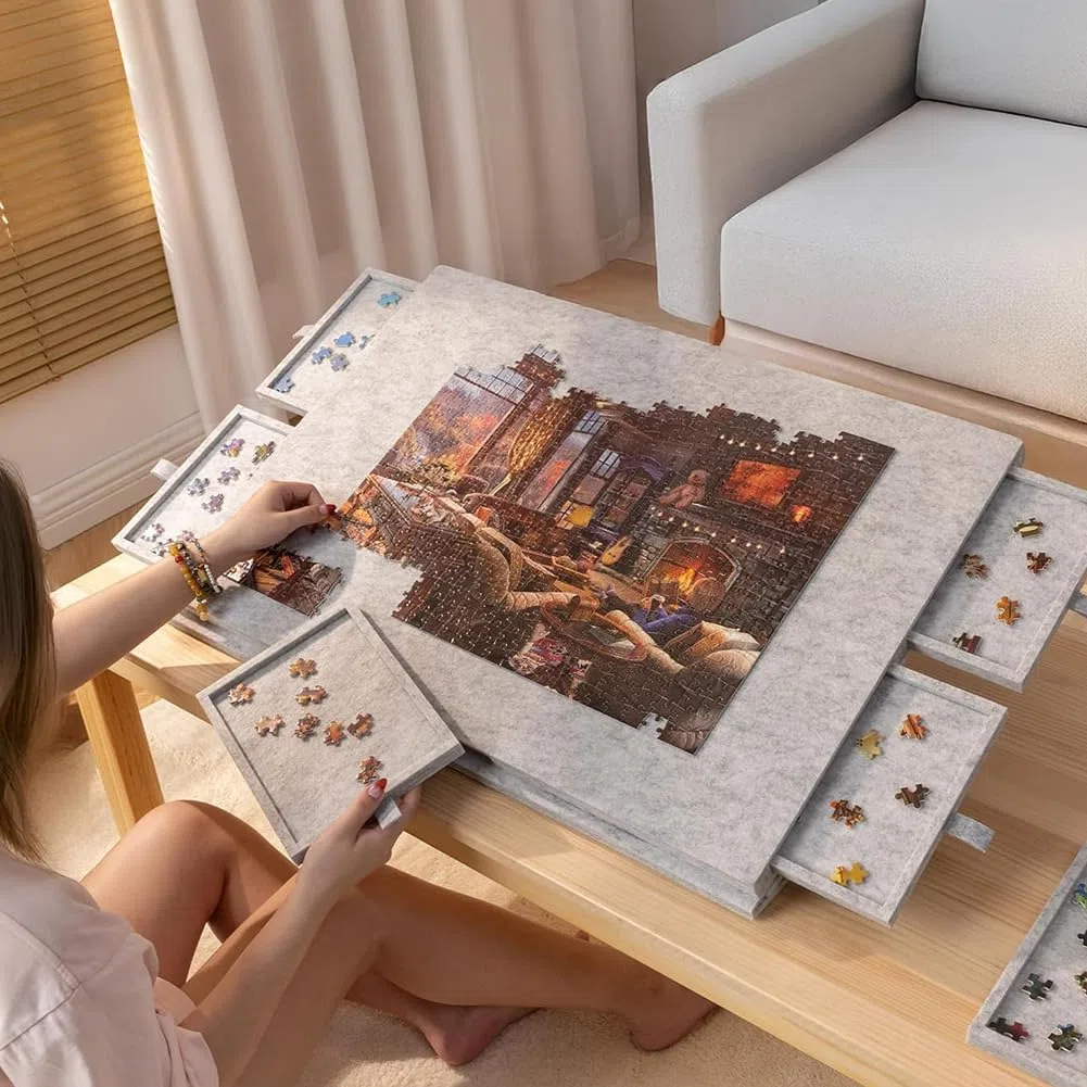 Tavolo puzzle con 6 cassetti, 1000 pezzi, tavolo puzzle con supporto 2 in 1 e copertura (bianco)