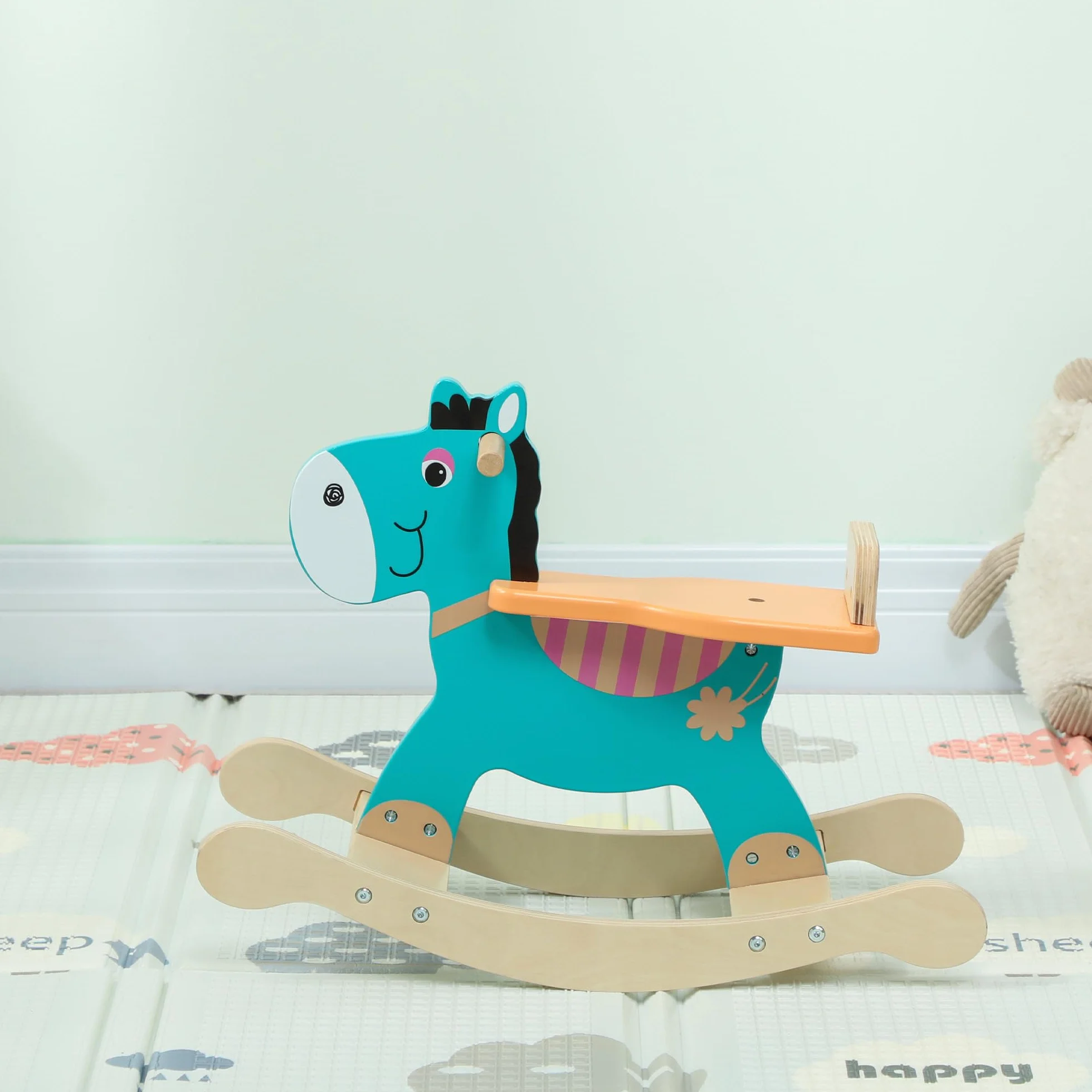 AIYAPLAY Cavallo a Dondolo a Forma di Asino per Bambini 2-5 Anni con Base Larga, Cavallino a Dondolo in Legno compensato, 59x27x43 cm, Verde Scuro e Arancione