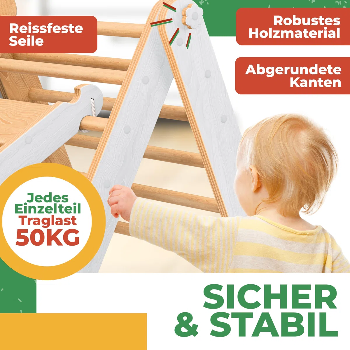 Kidiz Montessori Set di gioco 7 in 1 arrampicata scivolo triangolo legno cuscino lavagna orologio didattico