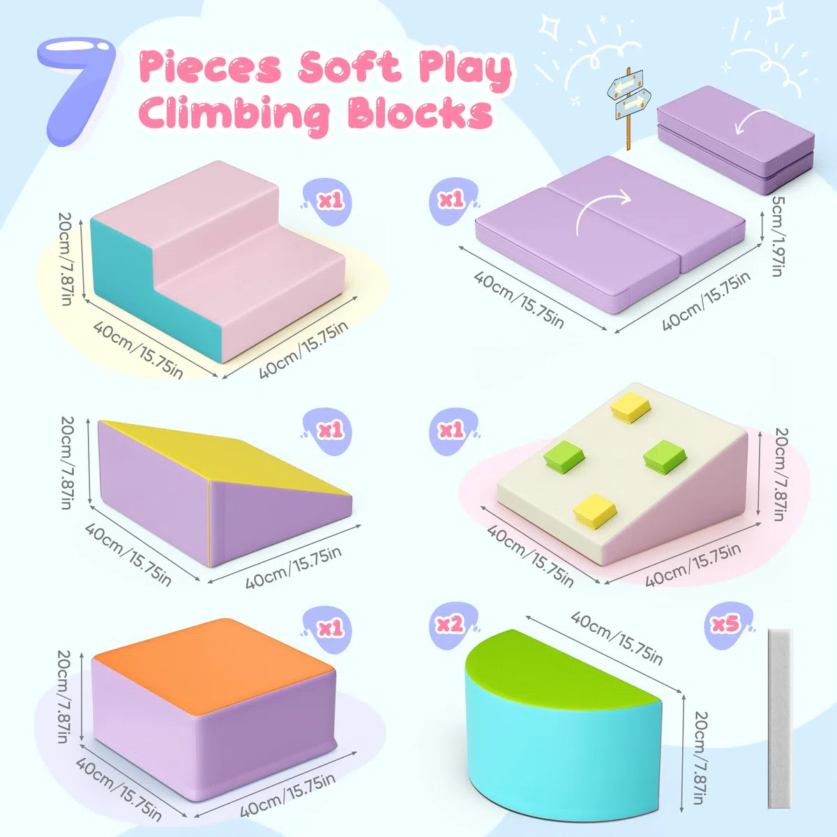 Blocchi da costruzione in schiuma per bambini, grandi blocchi da arrampicata per interni, telaio da arrampicata (colore maccherone-7, copertura in pelle)