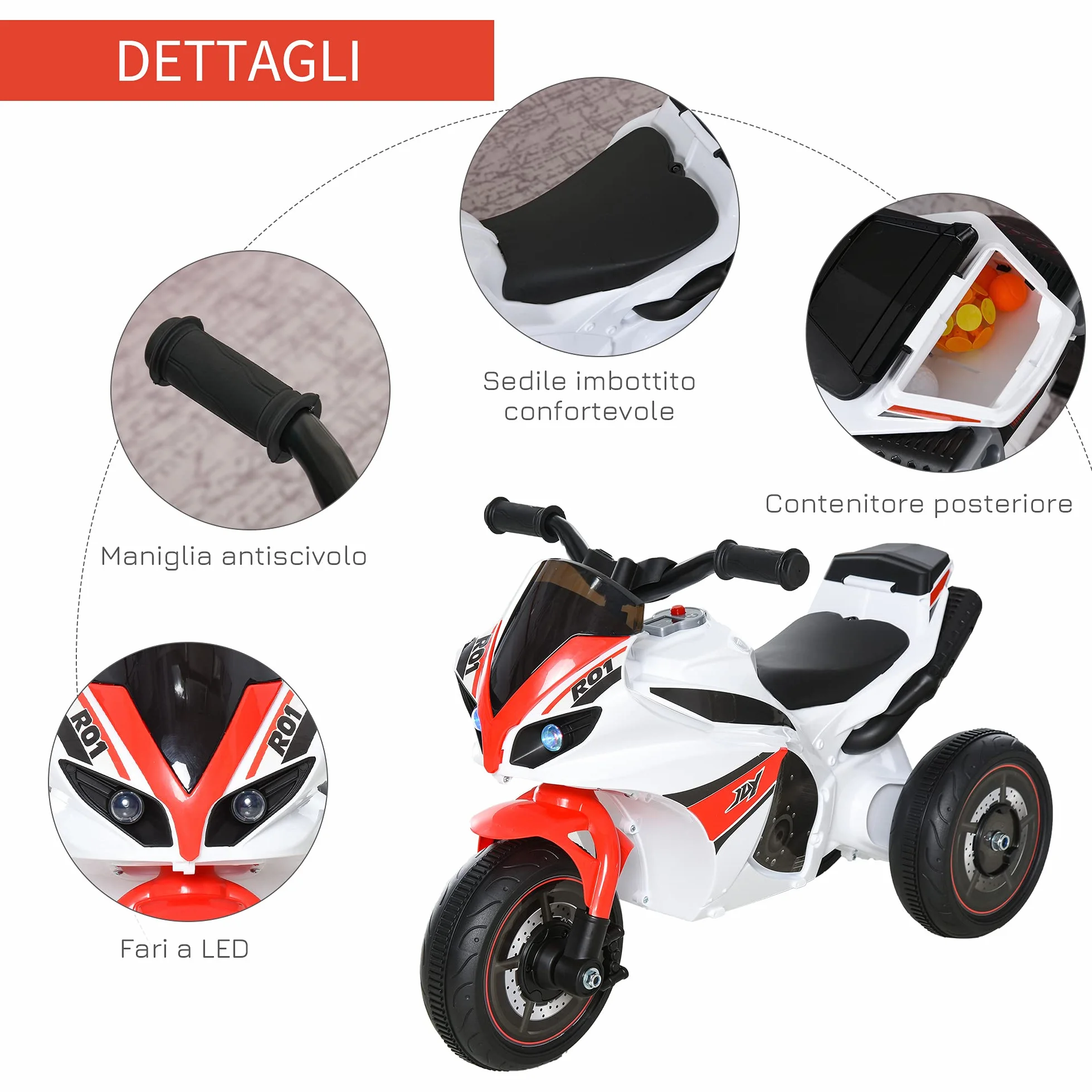 HOMCOM Moto Giocattolo a 3 Ruote per Bambini 18-36 Mesi, Motocicletta Cavalcabile Stile Polizia con Musica e Fari Senza Pedali in PP e Metallo Bianco e Rosso