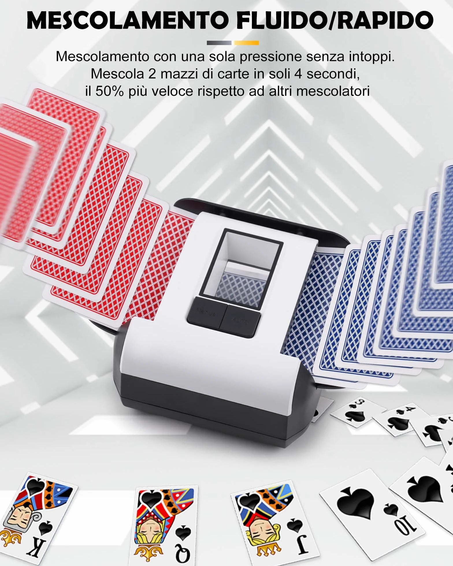 Mischia Carte Automatico, Mescolatore Carte da Gioco Elettrico per 1-2 Mazzi modalità Auto e Manuale Batteria Ricaricabile Basso Rumore per Poker Uno Skip-Bo Phase 10 Texas Hold'em Blackjack