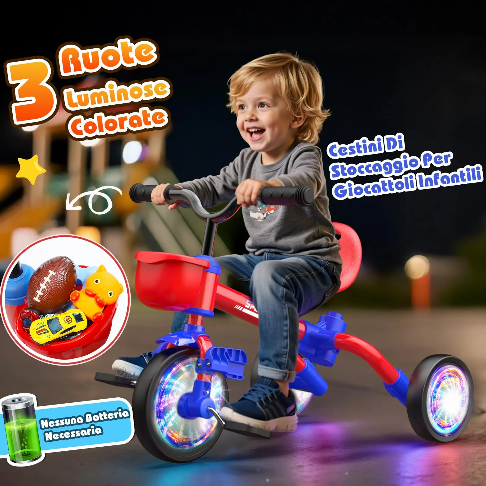 HappyGoLucky 5 in 1 Triciclo per Bambini Evolutivo, Bicicletta Bambini 1-5 Anni-Ruote Luminose/Maniglia Parentale/Sedili&pedali Regolabili