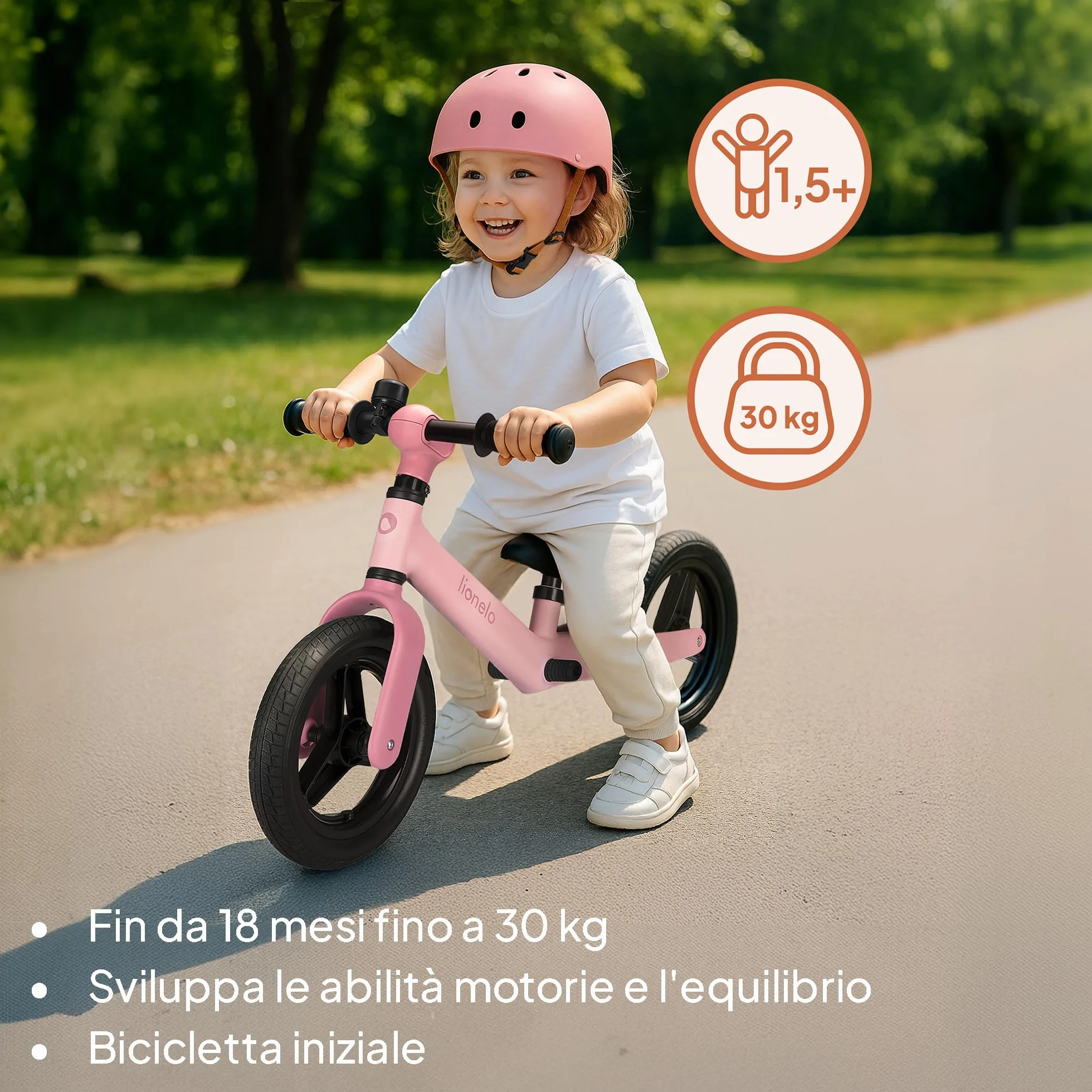 lionelo Bicicletta Senza Pedali TONI Per Bambini da 18 mesi a 30kg Ruote in Gomma PU da 25cm Poggiapiedi Cestino Sella e Manubrio Regolabili Impugnatura Antiscivolo Leggero Campanello