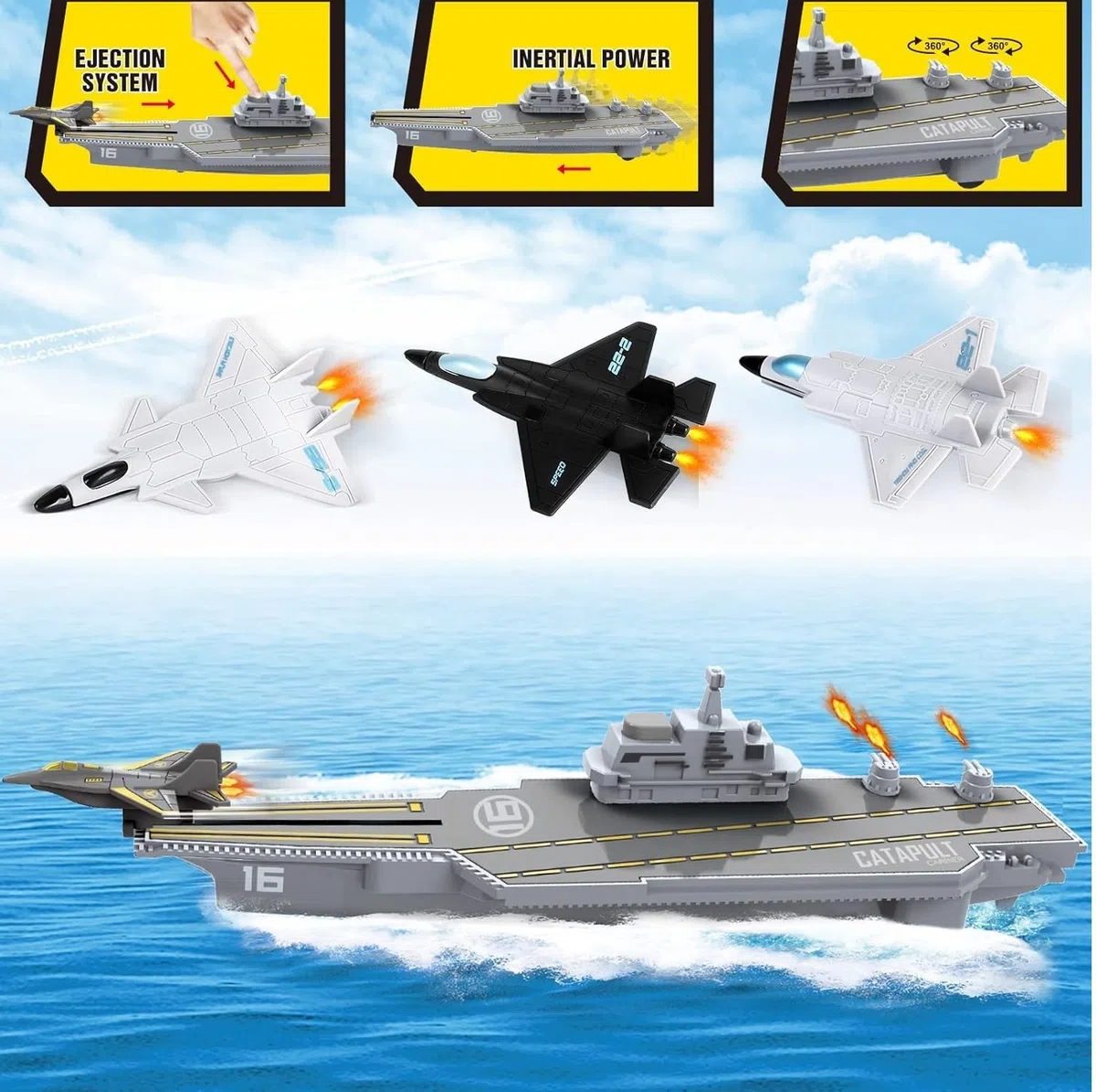 Portaerei Giocattolo Portaerei Nave da Guerra Militare con 3 Modellini di Aeroplani Porta Aerei Giocattolo Barca Giocattoli Nave Gioco Lancia Aerei da Combattimento Navi da Guerra Battle Cruiser (b)