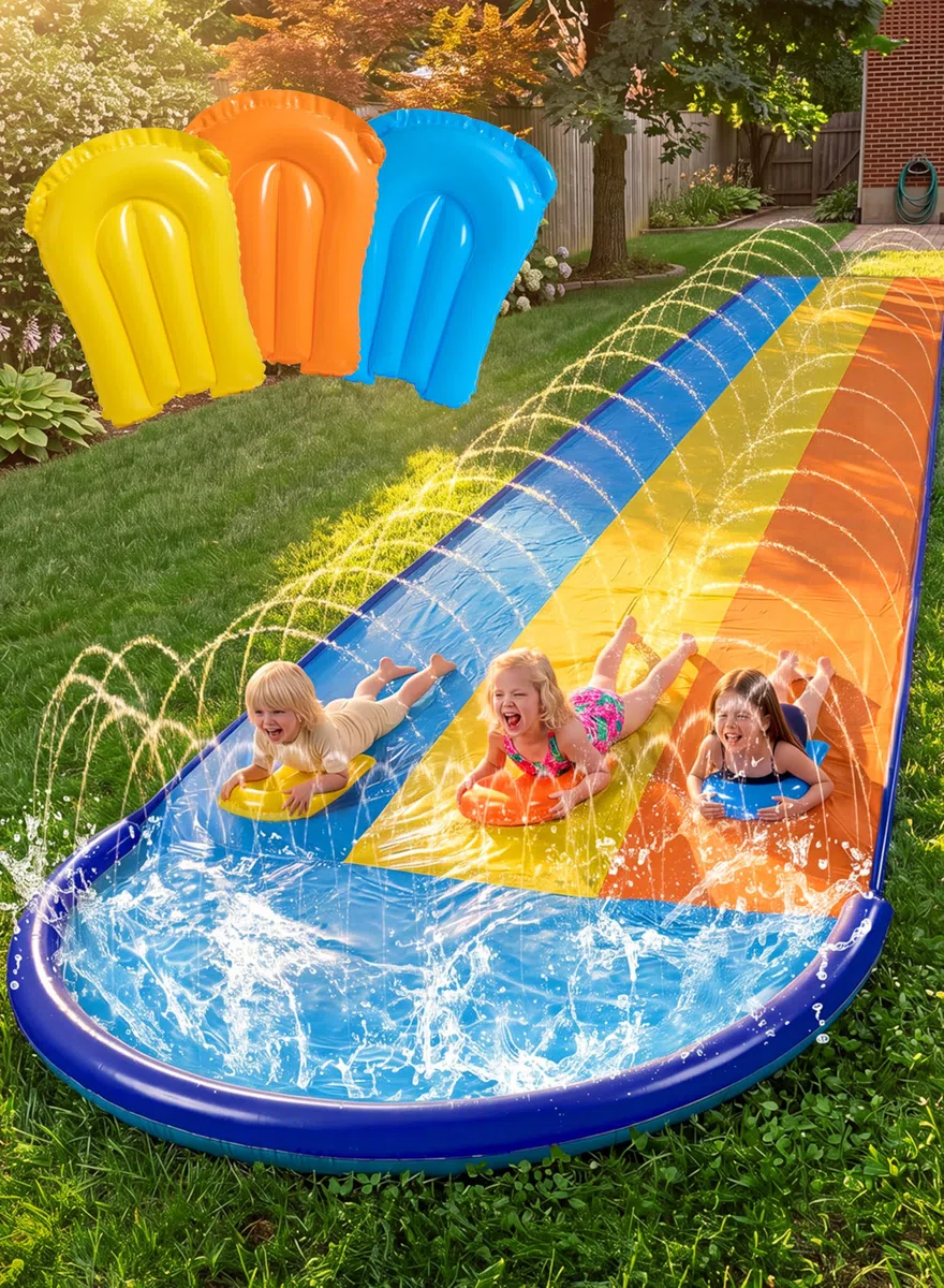 Sloosh Scivolo Triplo 22,5ft con 3 Bodyboard Irrigatore Esterno per Bambini Adulti