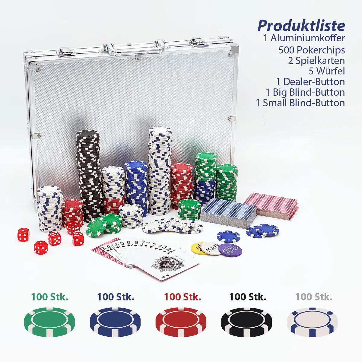 Valigetta da poker con 500 chip laser, 2 mazzi da poker, 3 bottoni, set completo da poker professionale Deluxe, set di strategia, valigetta in alluminio, dimensioni a scelta, gioco da poker