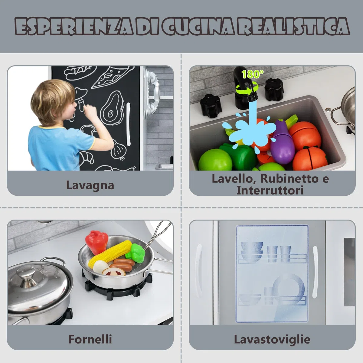 COSTWAY Cucina Giocattolo per Bambini, Cucina Legno per Bambini con Lavagna, Telefono, Microonde e Macchina per Ghiaccio, con Accessori e Suoni Realistici, per 3-6 Anni (Bianco)