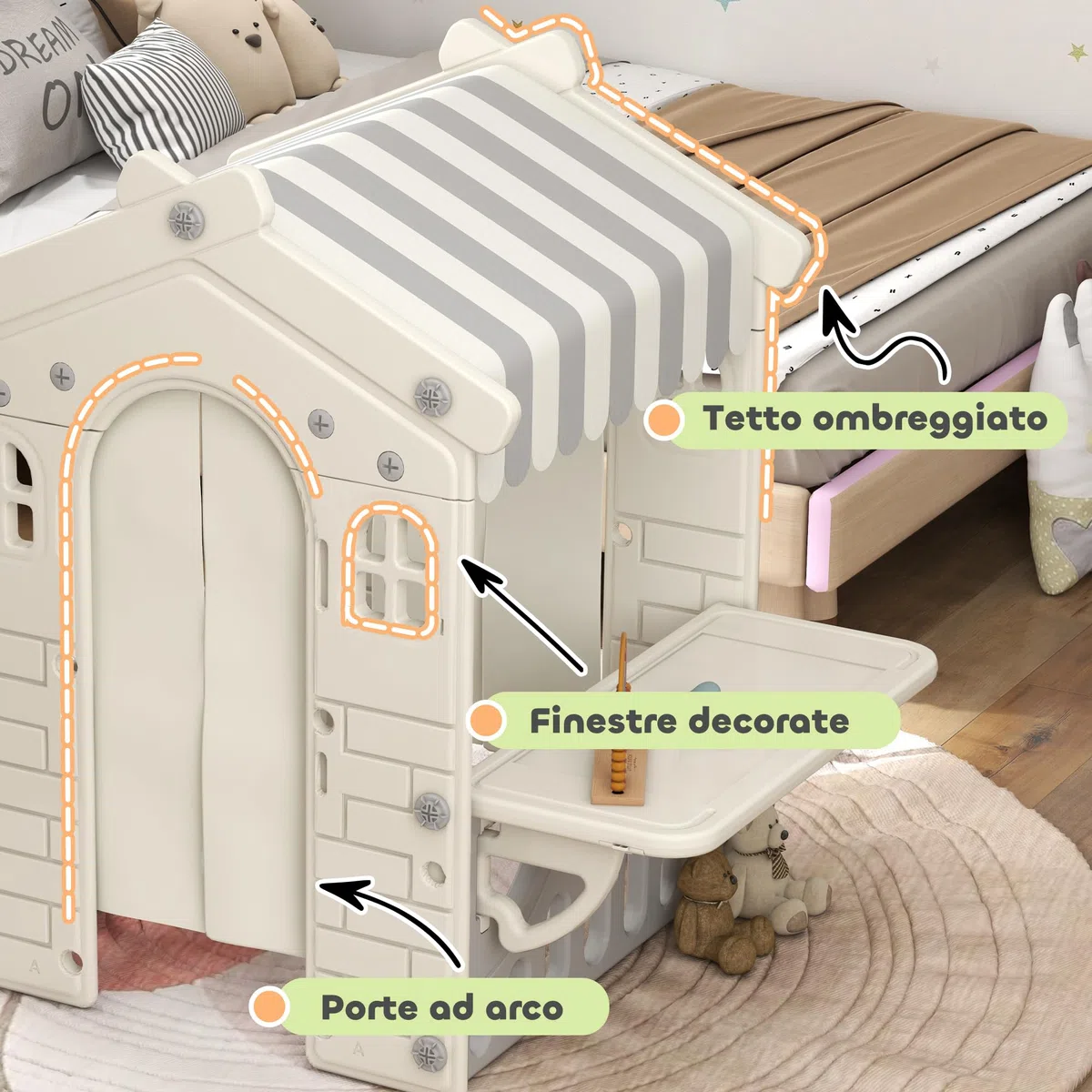 AIYAPLAY Casetta per Bambini con 4 Finestre, Porte ad Arco, Tetto e Bancone, Plastica, Crema