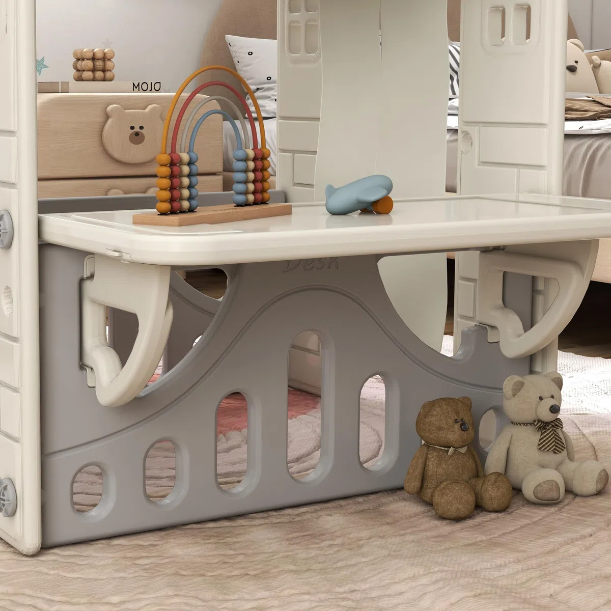AIYAPLAY Casetta per Bambini con 4 Finestre, Porte ad Arco, Tetto e Bancone, Plastica, Crema