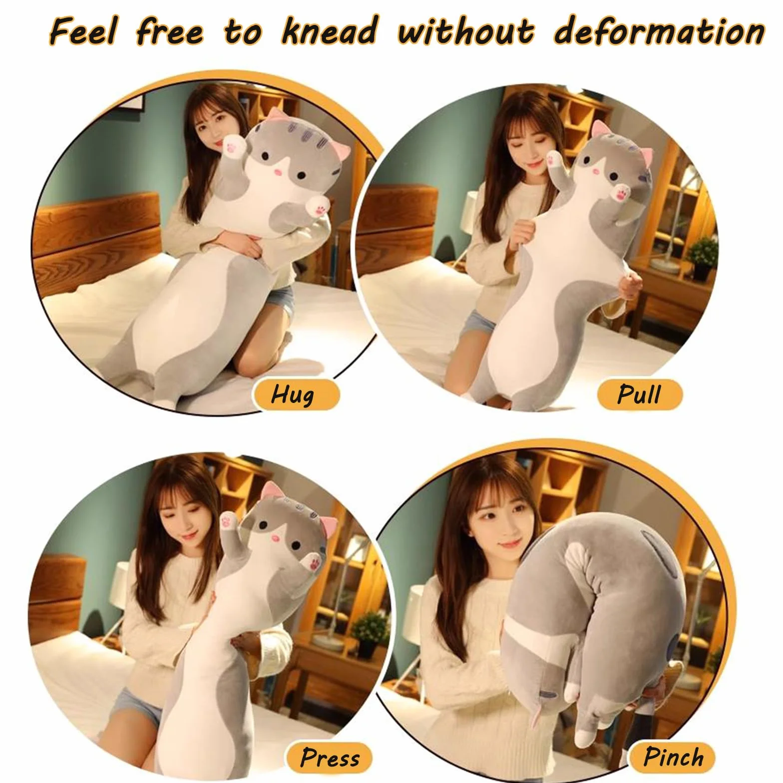 Gatto Peluche Morbido Abbraccio Cuscino Imbottito Animale Carino Kitty Sleeping Throw Regalo per Bambini (130cm/51.1inch, Grigio)